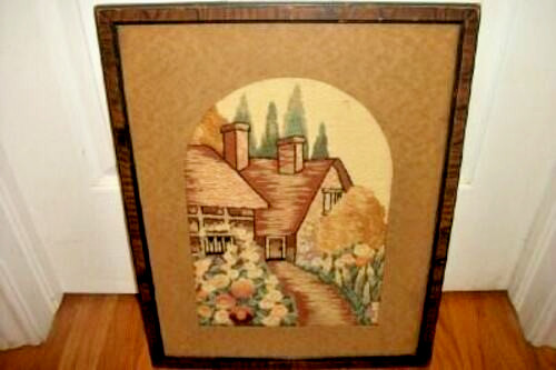 Cottagecore Art Deco Needlepoint Lollipop Flowers Garden Long Stitch 1910 Framed