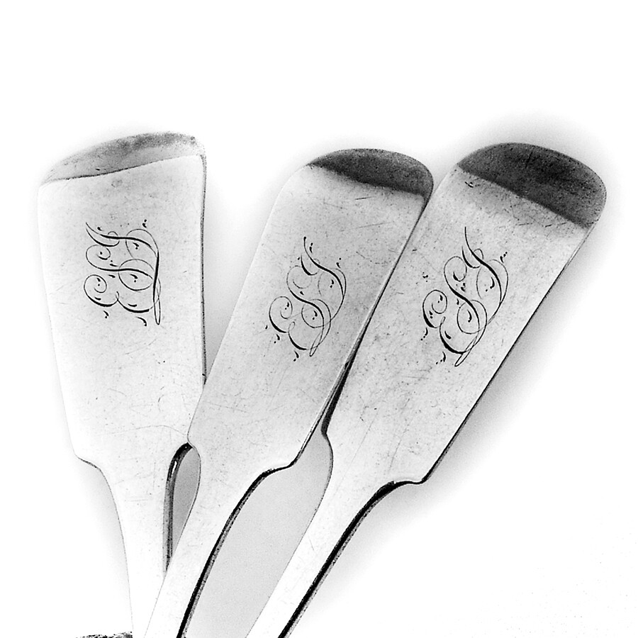 Fiddle Reverse Tipt Mustard Ladle Master Salt Spoons Set Coin Silver Mono