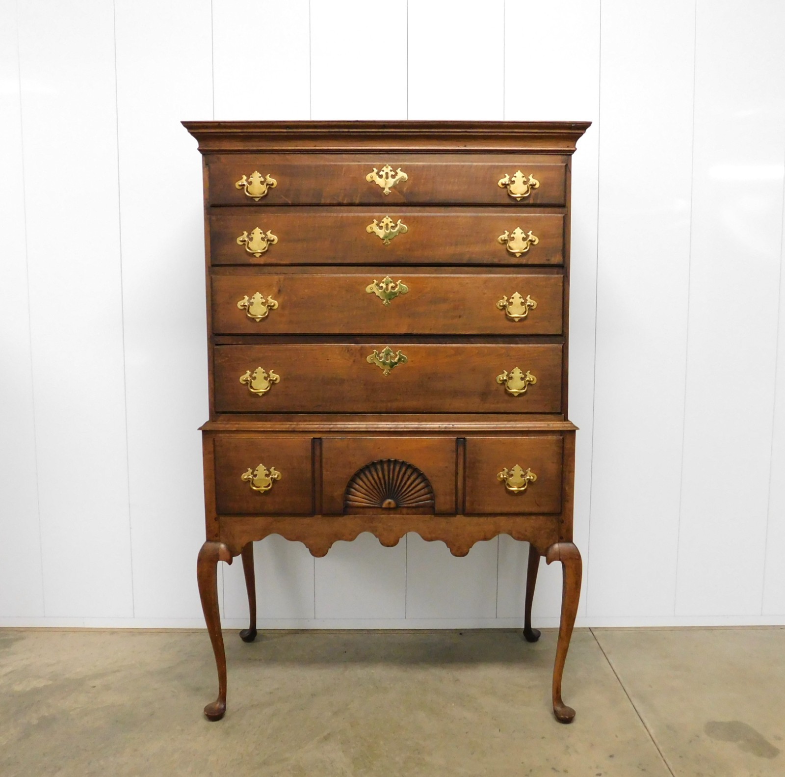 Antique New England Flat Top Maple Wood 2-Part Highboy w/ Queen Anne Legs
