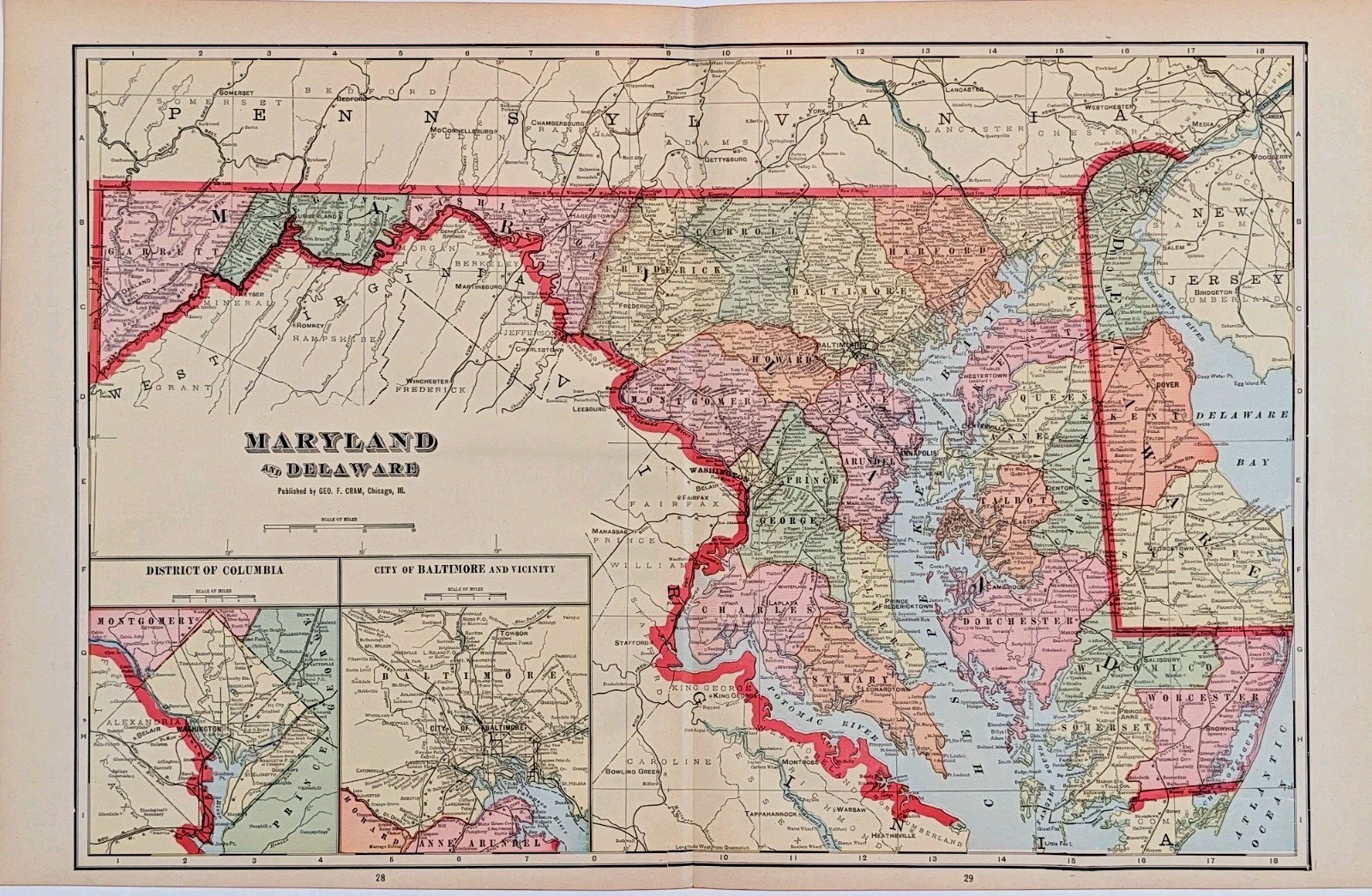 MARYLAND – DELAWARE 1907 Map ORIGINAL (20×13) ANTIQUE LARGE – Railroads