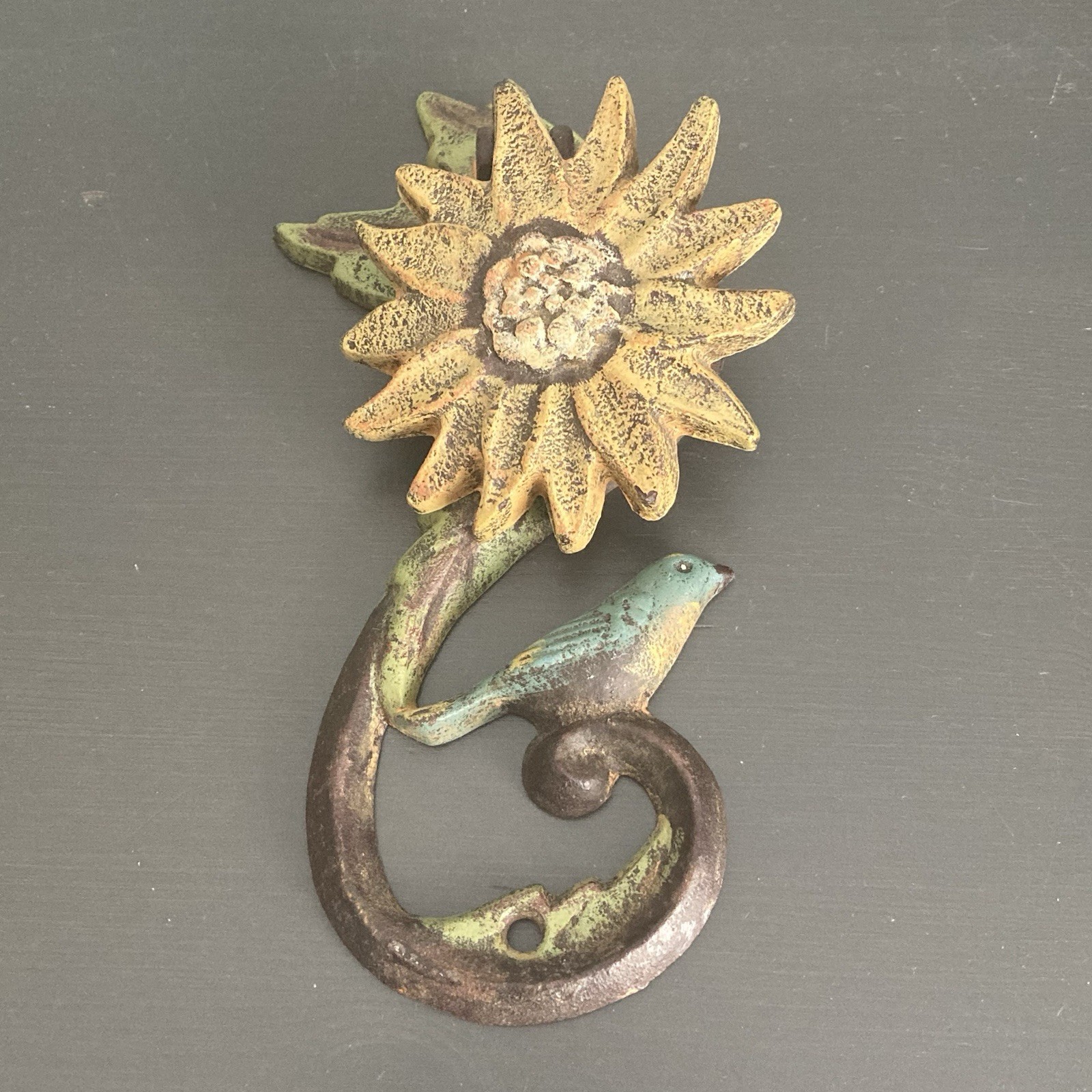 Vintage Cast Iron Door Knocker Bird Sunflower Old Paint Cottage Shabby Farmhouse