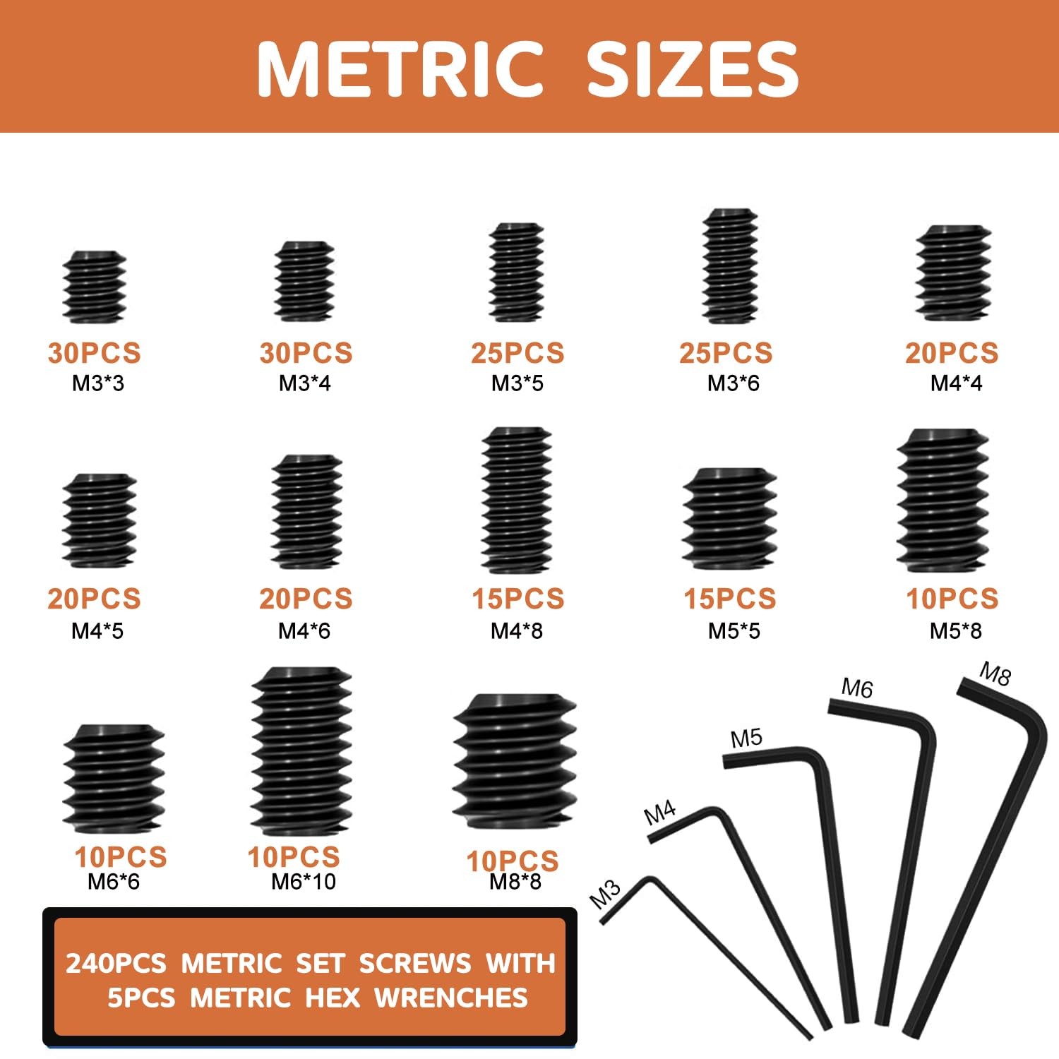 430Pcs Set Screws Assortment Kit 25 Sizes Metric & SAE Screw 12.9 Black