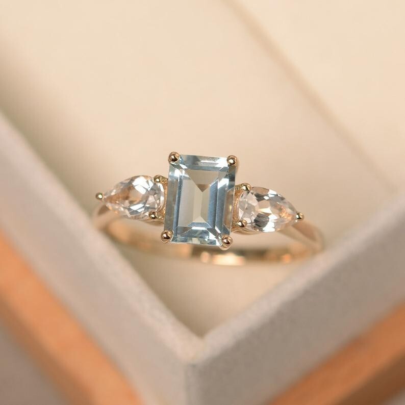 3.00 Ct Natural Aquamarine Diamond Engagement Ring 14K Solid Yellow Gold Size 7