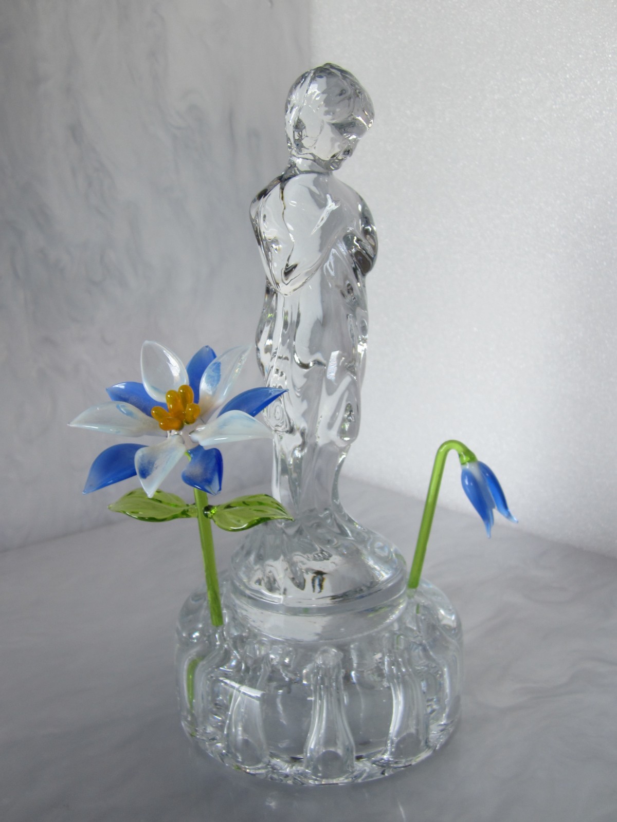 1930’s CAMBRIDGE ART GLASS “BASHFUL CHARLOTTE” DRAPED NUDE CRYSTAL FLOWER FROG