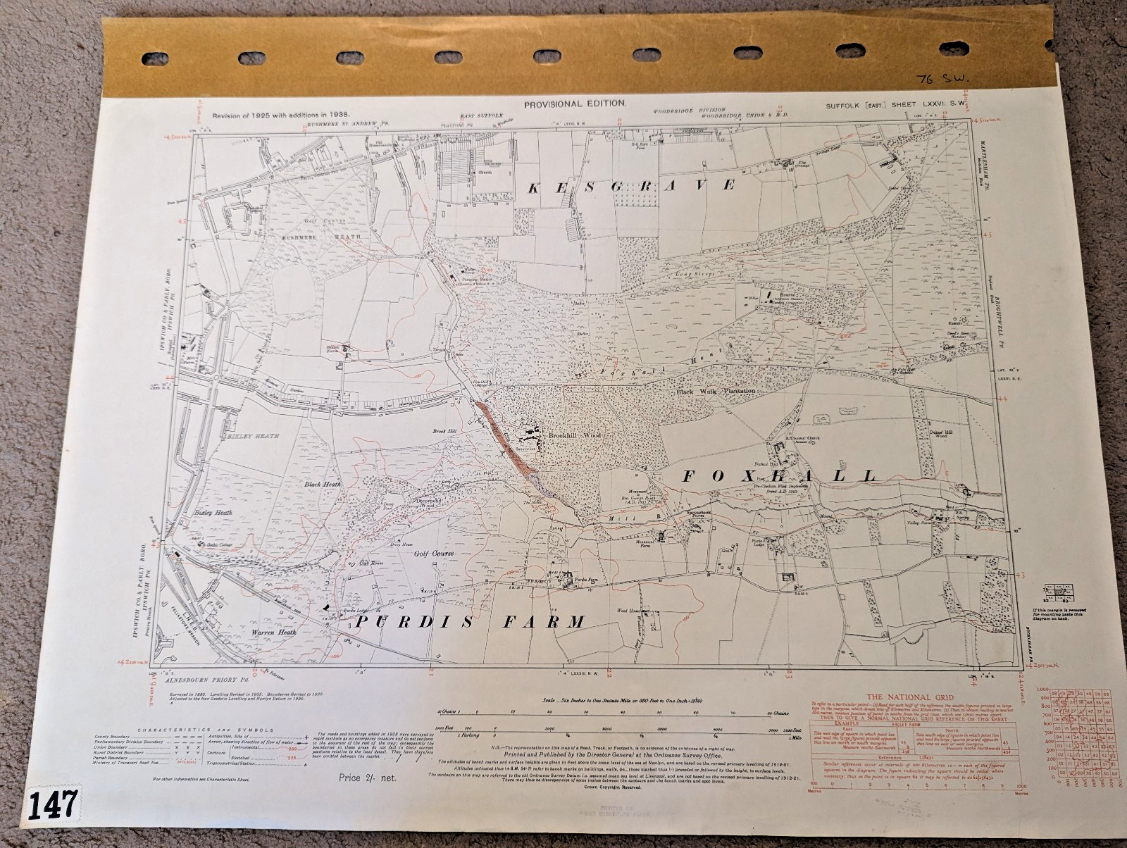 OS 6 Inch 1938 Sheet Map Kesgrave Foxhall Rushmere Heath Purdis Farm Bixley LNER