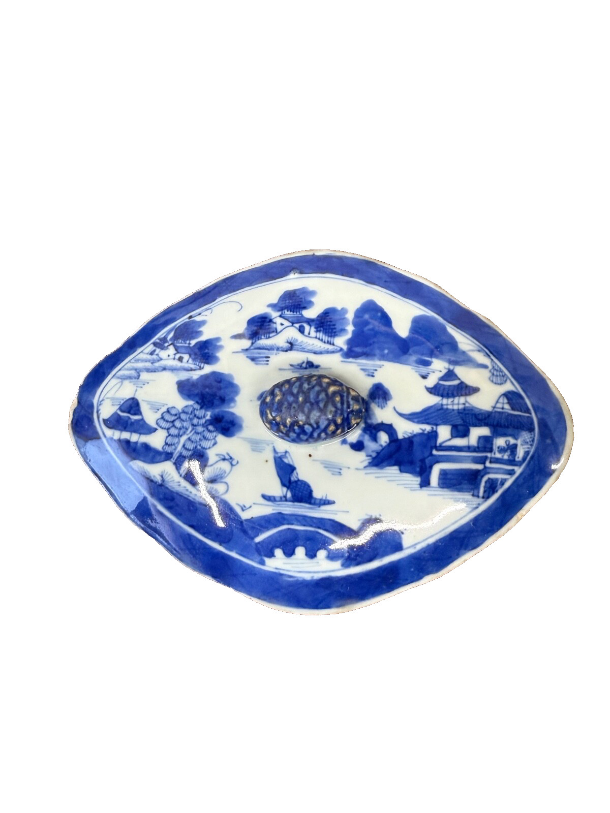 Antique Chinese canton Blue & white covered dish oval salvage relic