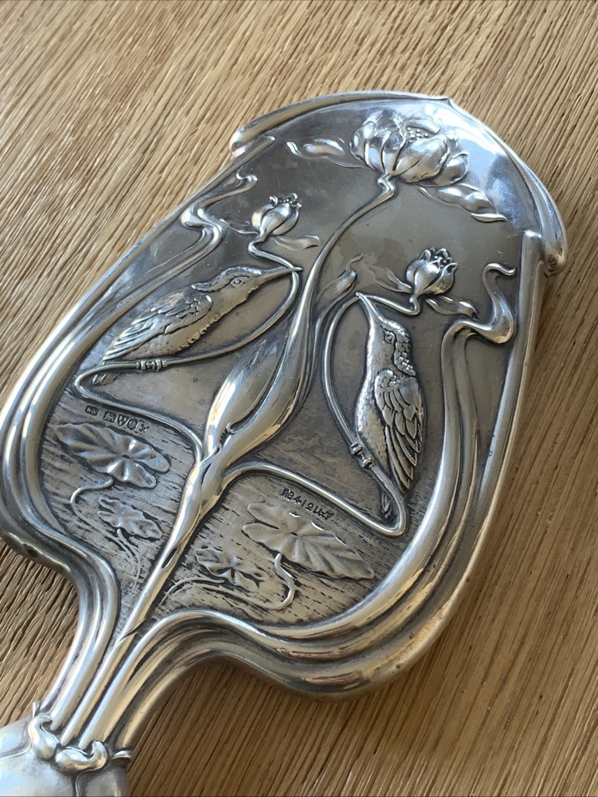 ART NOUVEAU SILVER HAND MIRROR-CHESTER 1904-WILLIAM NEALE-KINGFISHER/WATER LILY