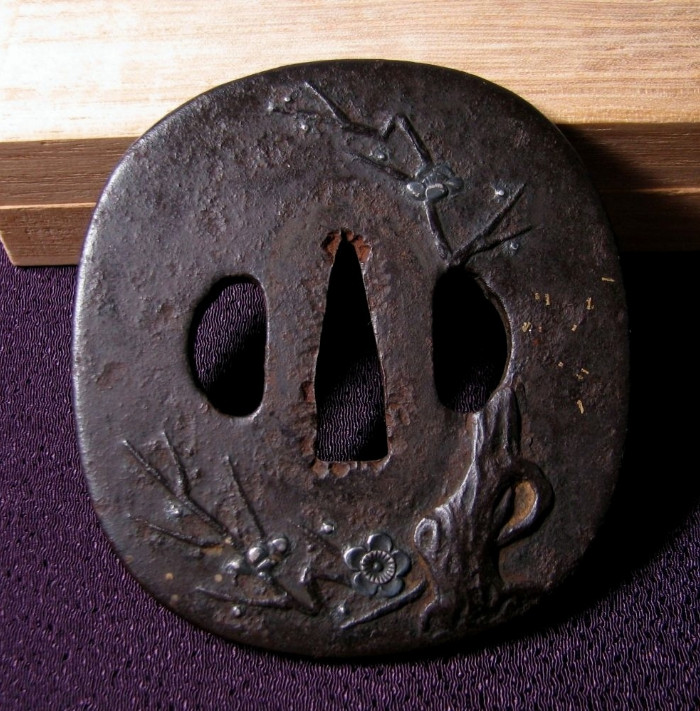 TSUBA Plum Tree Design Aizu Shoami School Japanese Iron Sword Guard Edo Antique