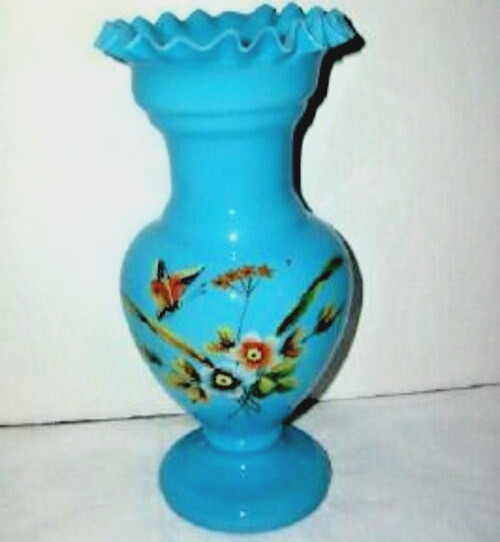 Antique FRENCH Blue Opaline Glass Vase HP Enamel Flowers Butterfly Crimped 1800s