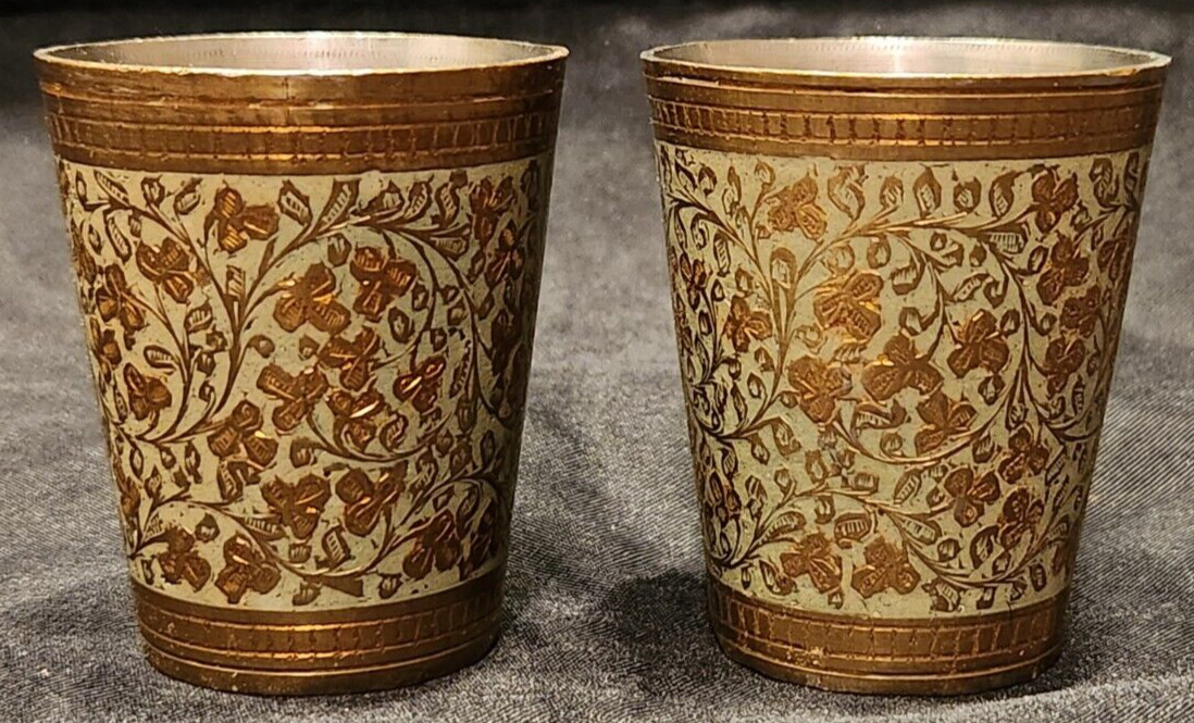 Antique Vintage Middle East Brass Tea Glass Cup Set of 2 Hand Crafted Engraved