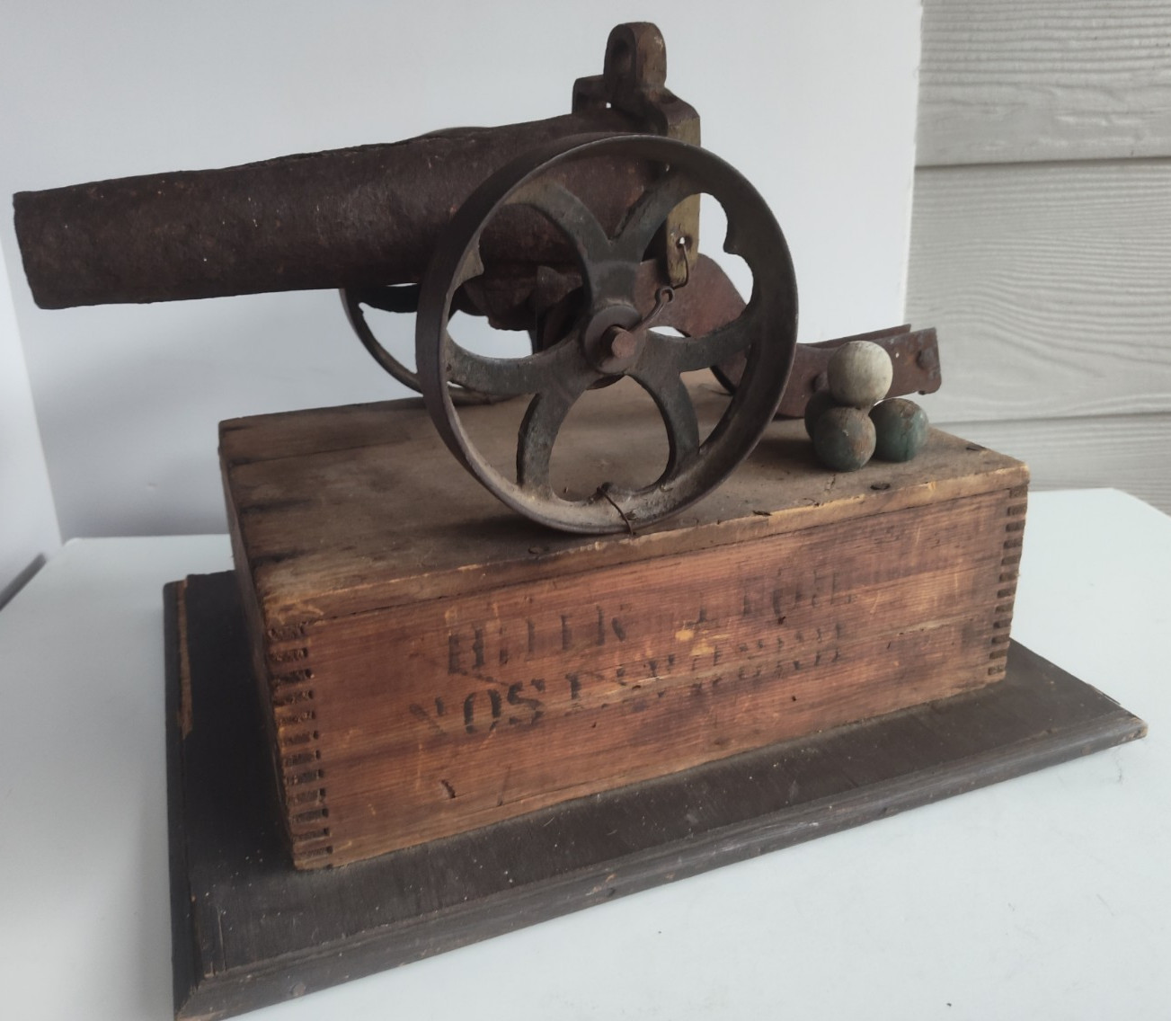 Unique 19th C. Primitive Hand Made Metal Folk Art Cannon on Wooden Crate Base