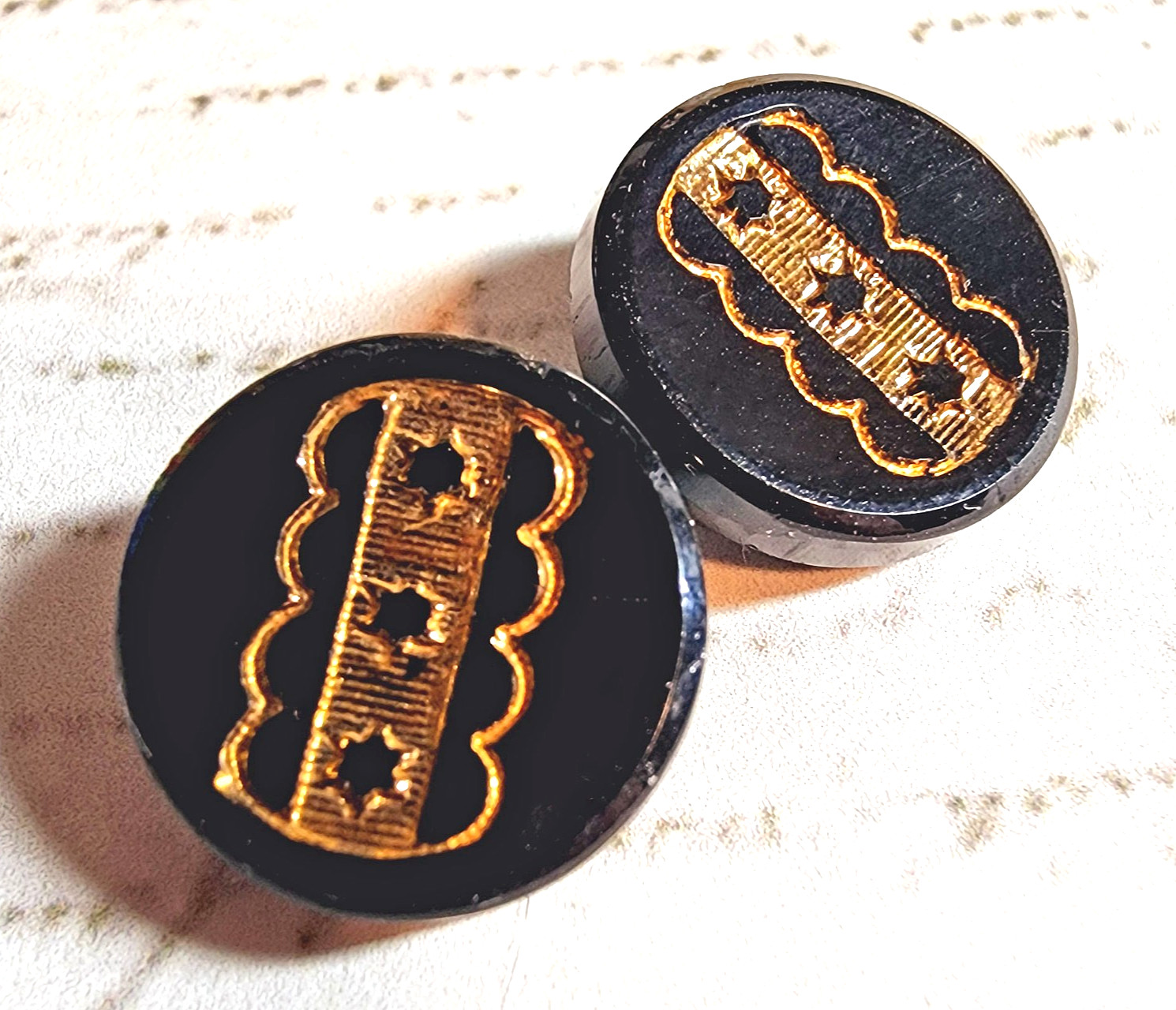 Ribbon of Stars ~ 2 Antique Black Glass Sewing Buttons w/ Gold Luster ~ 5/8″