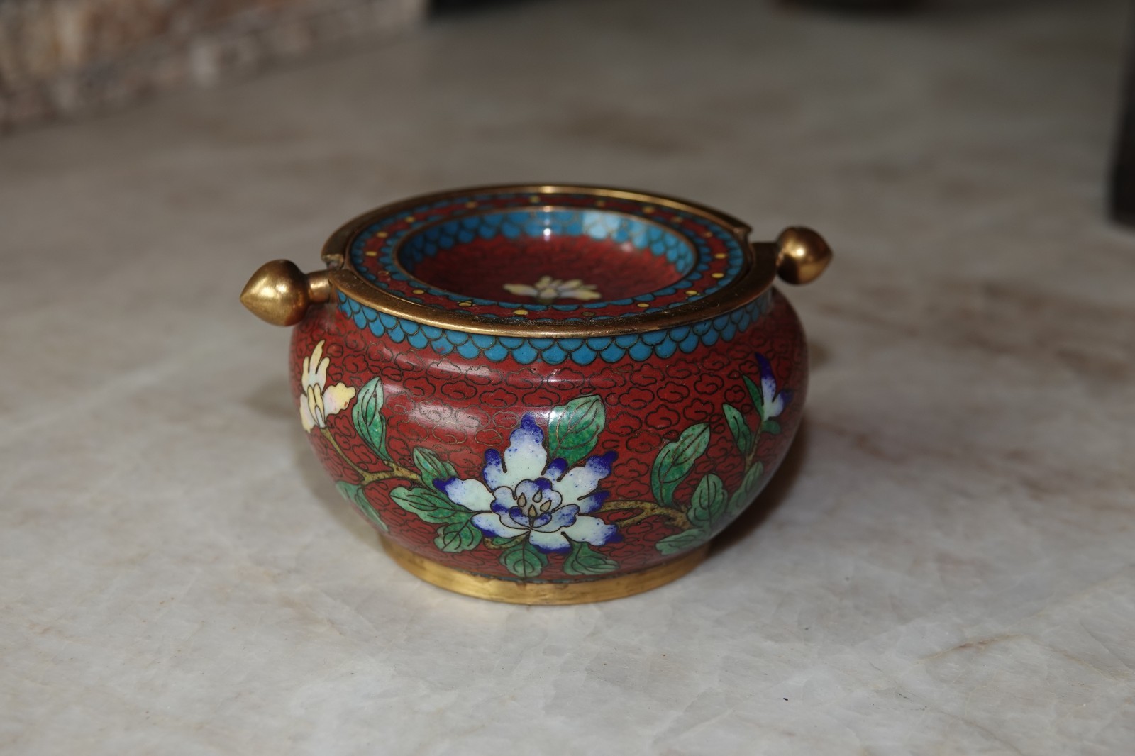 Antique Vintage Chinese cloisonne two piece ashtray / incense holder