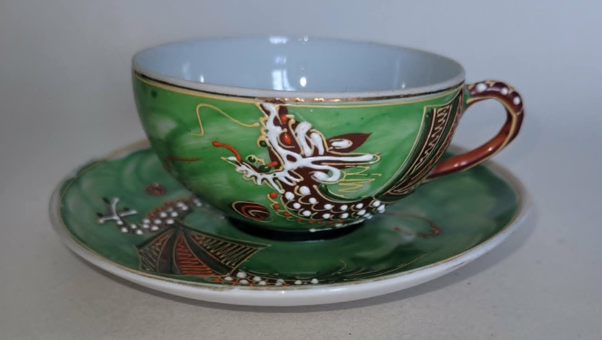 Vintage Japanese Lithothane Geisha Hand Painted Eggshell Dragonware Cup & Saucer