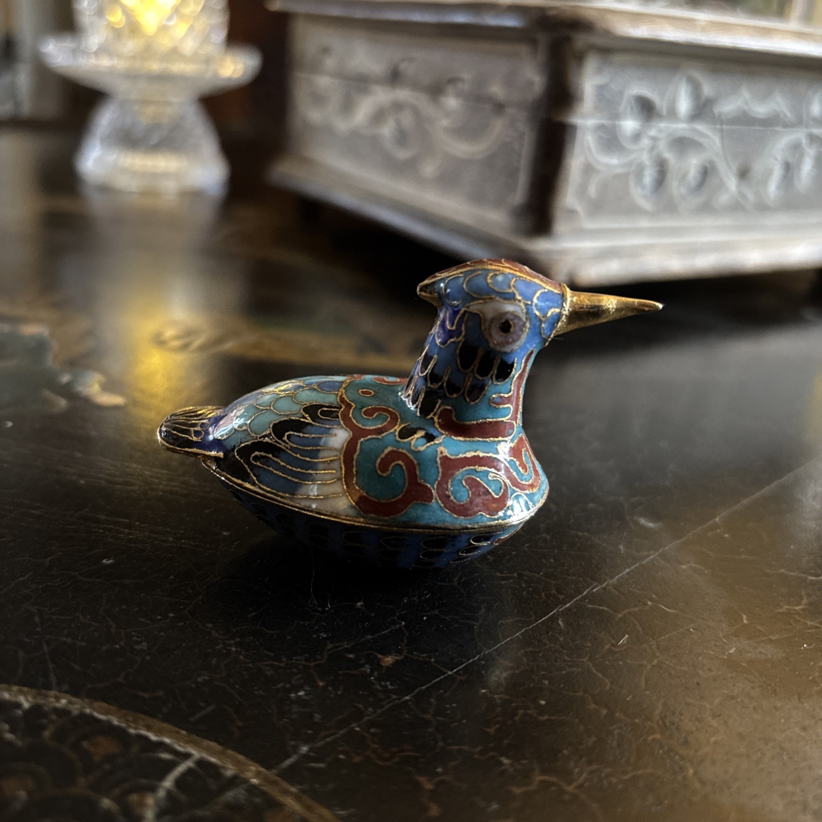Chinese Cloisonne Blue Red And Gold Coloured Bird Trinket – Collectible Vintage