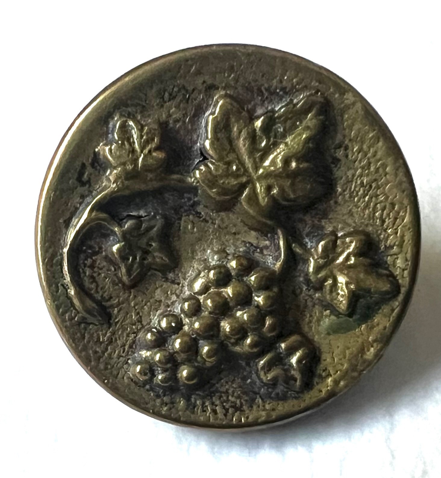 Antique Botanical Button Brass Raised Design Grapes Vines Leaves 5/8”