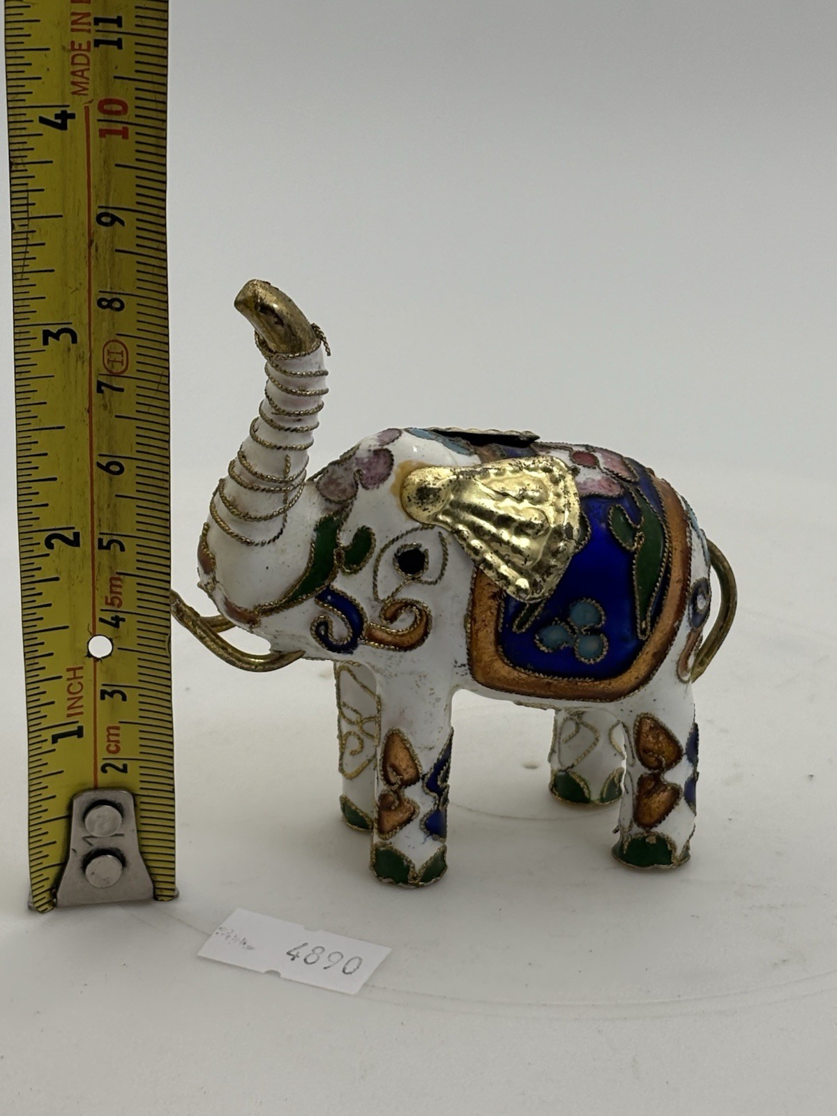 Vtg Miniature White Elephant Figurine Chinese Cloissone Enamel Gold Accents