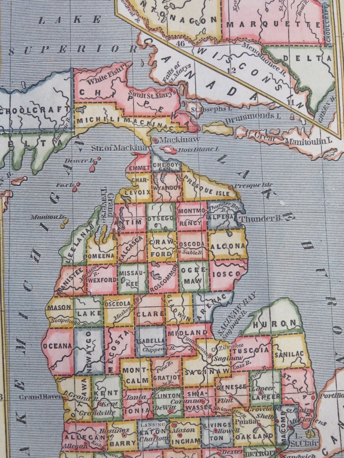 Michigan state by itself 1853 scarce hand colored miniature map
