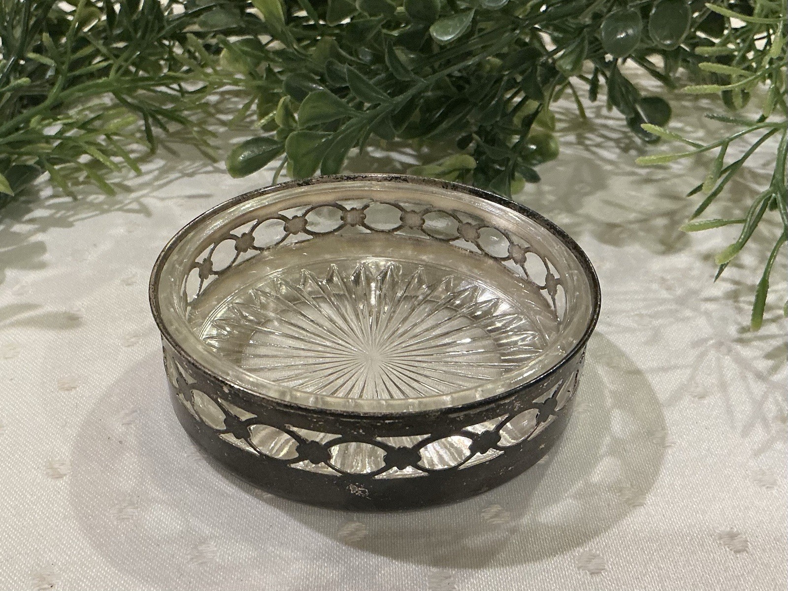 Vintage England Silverplate Coaster Jam Trinket Dish w/Glass Insert 3.75”