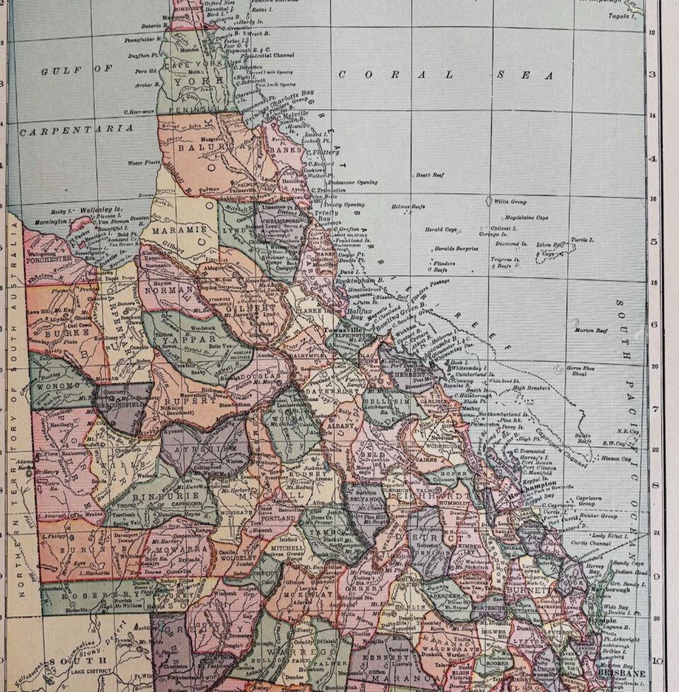 1917 Queensland Australia Map Atlas Of The World WW1 Era Oceania History DWUU1B