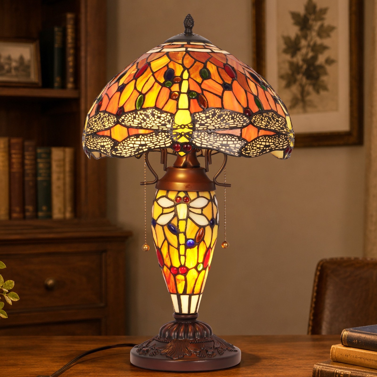 Tiffany Dragonfly Colored Glass Desk Lamp,12’Office Reading,Light Body Can Shine