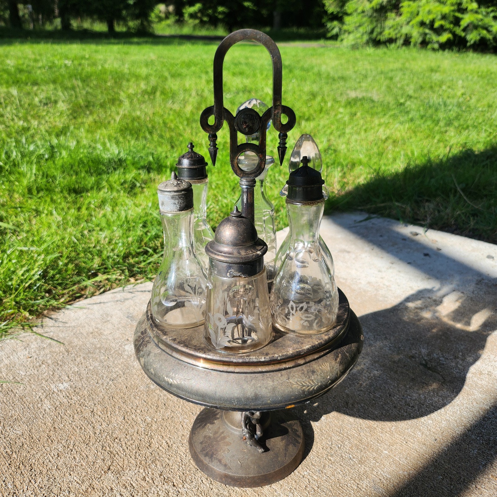 CASTOR CONDIMENT SET REVOLVES ETCHED GLASS METAL 19c ANTIQUE VICTORIAN Cherub
