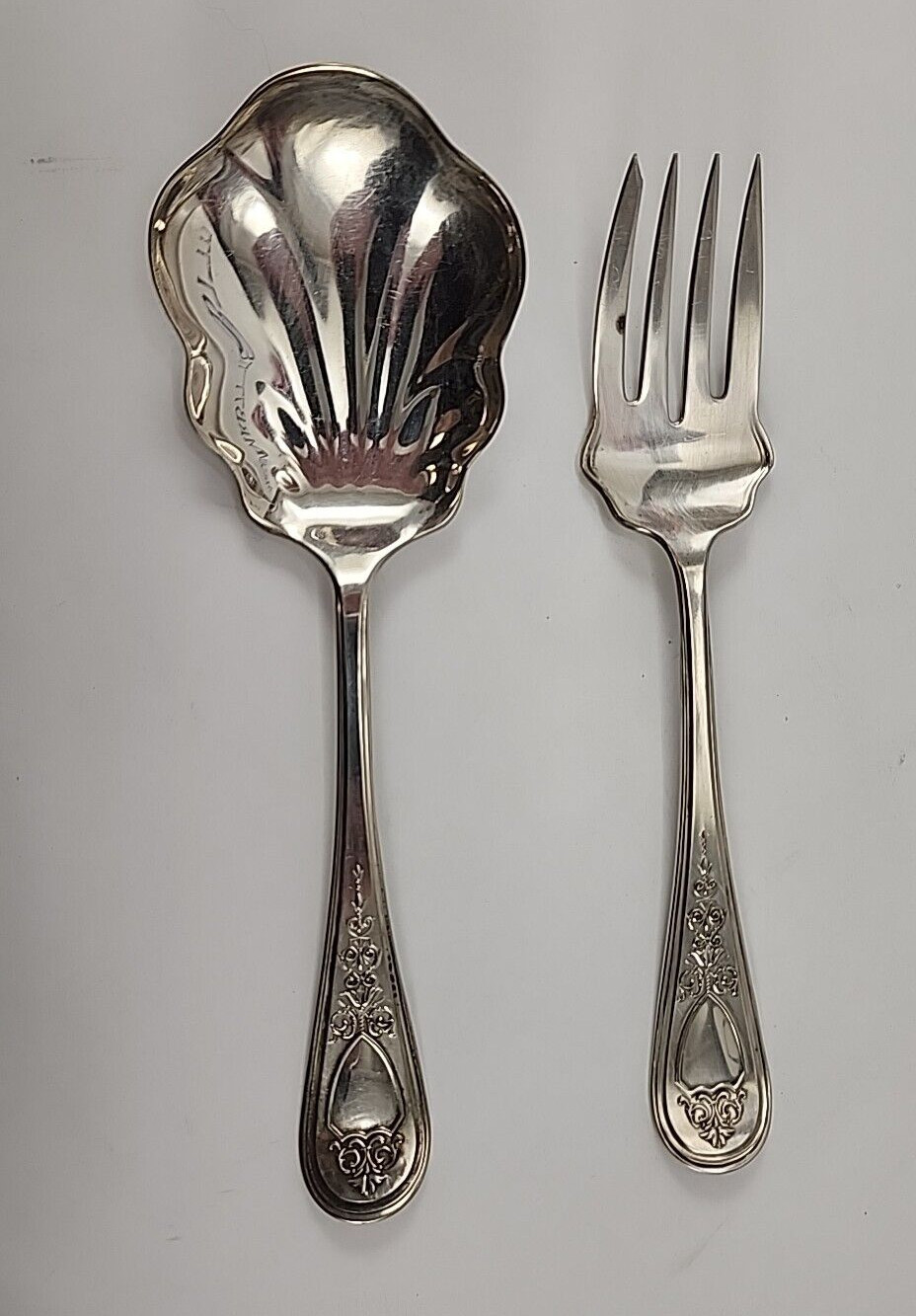 lot (2) Vintage 9″ long SERVING SPOON SPATULA & SERVING FORK By OVD Silver-plat