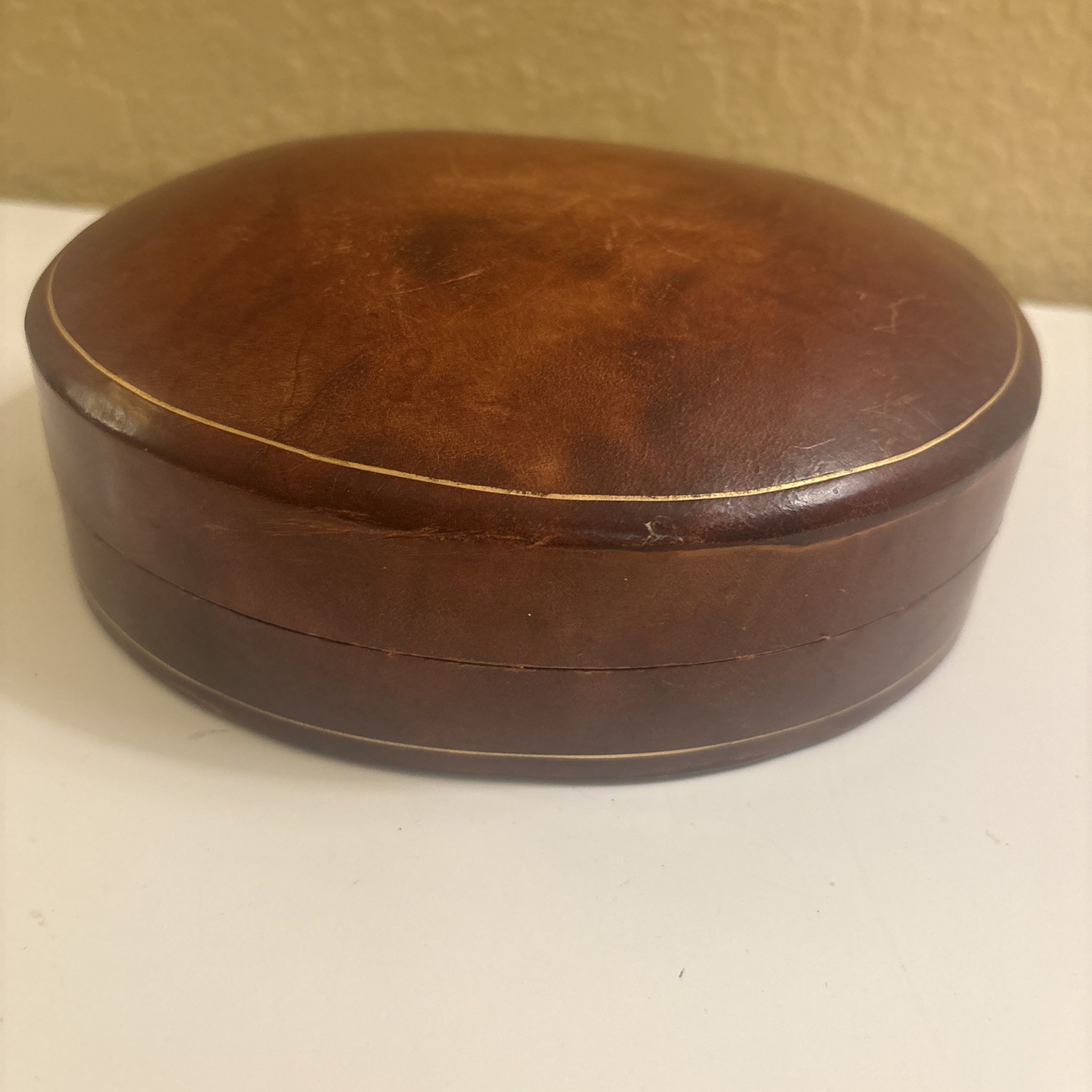Italian Domed Tooled Brown Calf Leather Small Jewellery Box Oval Antique (a20