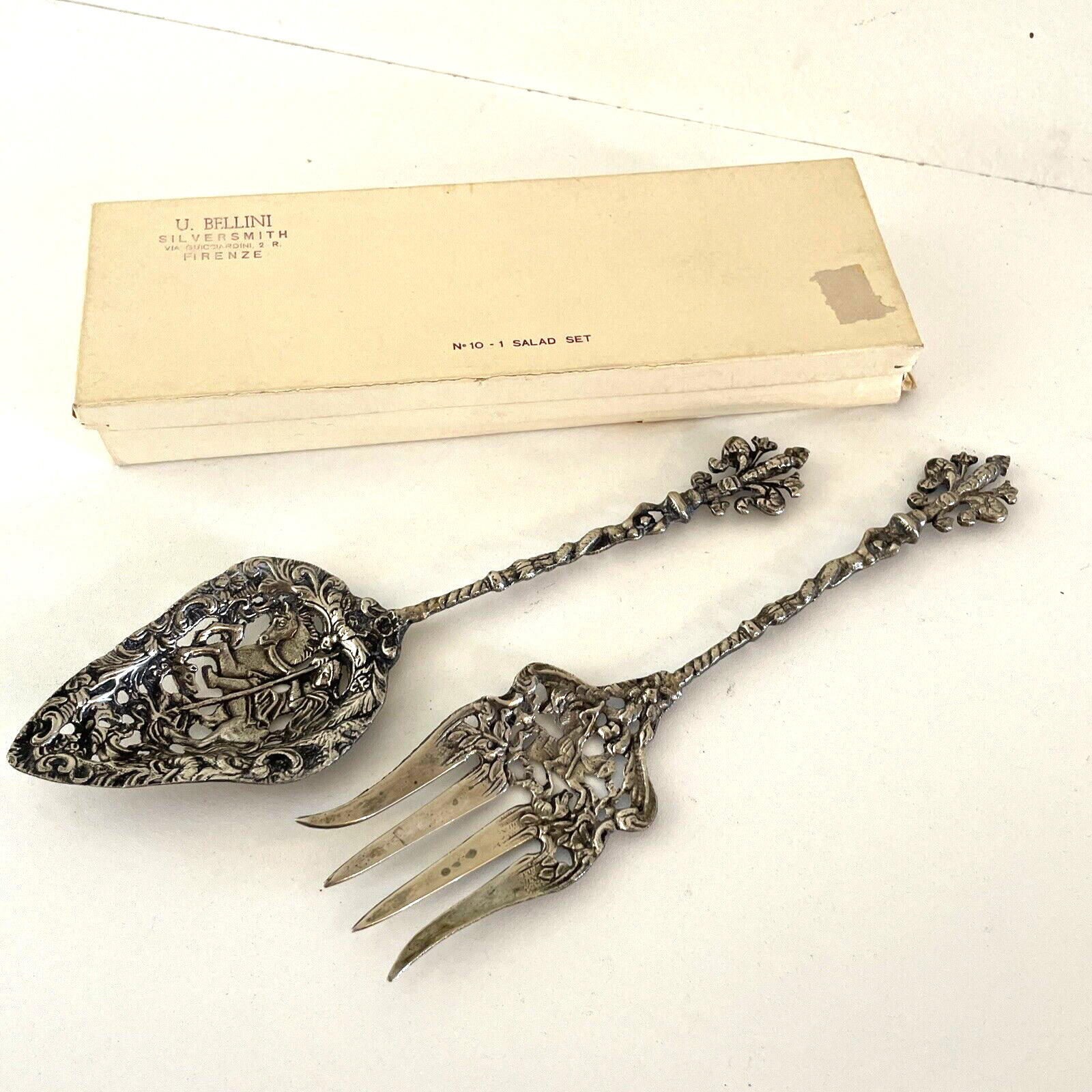 Vintage Figural U. Bellini Silversmith Salad Fork Spoon Set Firenze Italy w Box