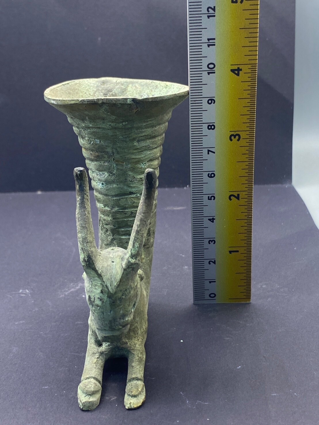 AUTHENTIC ANCIENT NEAR EAST BRONZE RHYTON VESSEL WITH RAM HEAD CIRCA 500 BC