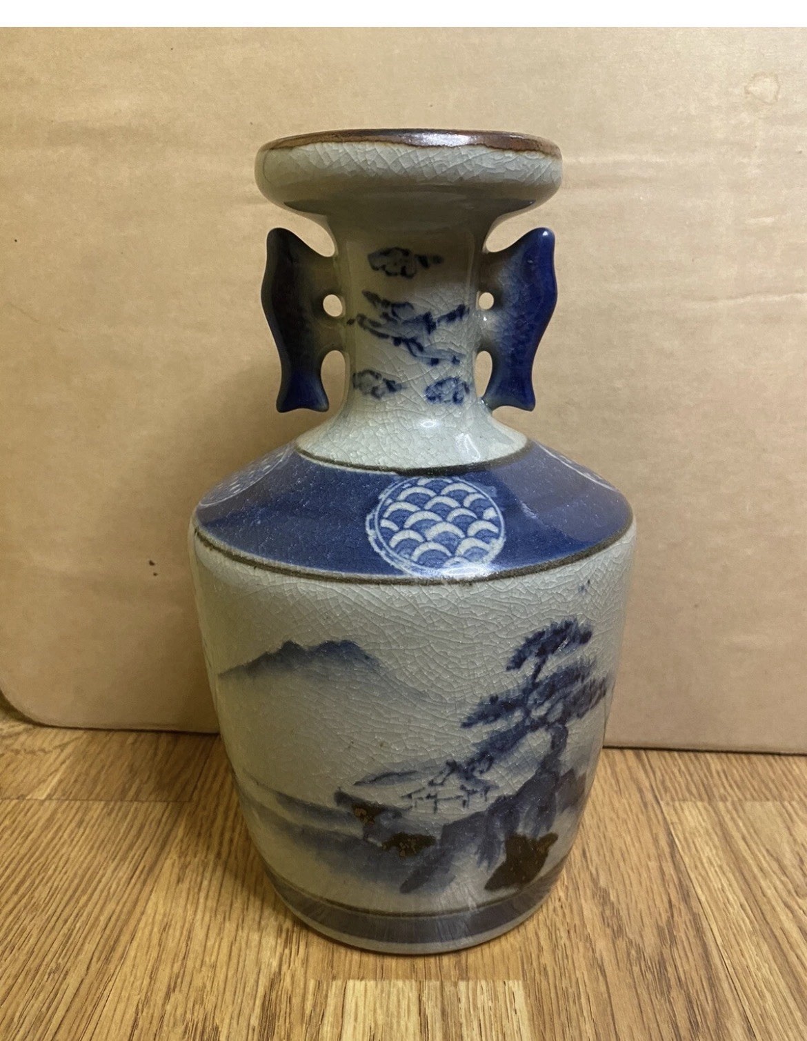 Vintage Blue And White Japanese Handmade Mountain Scenery Pottery Baluster Vase.