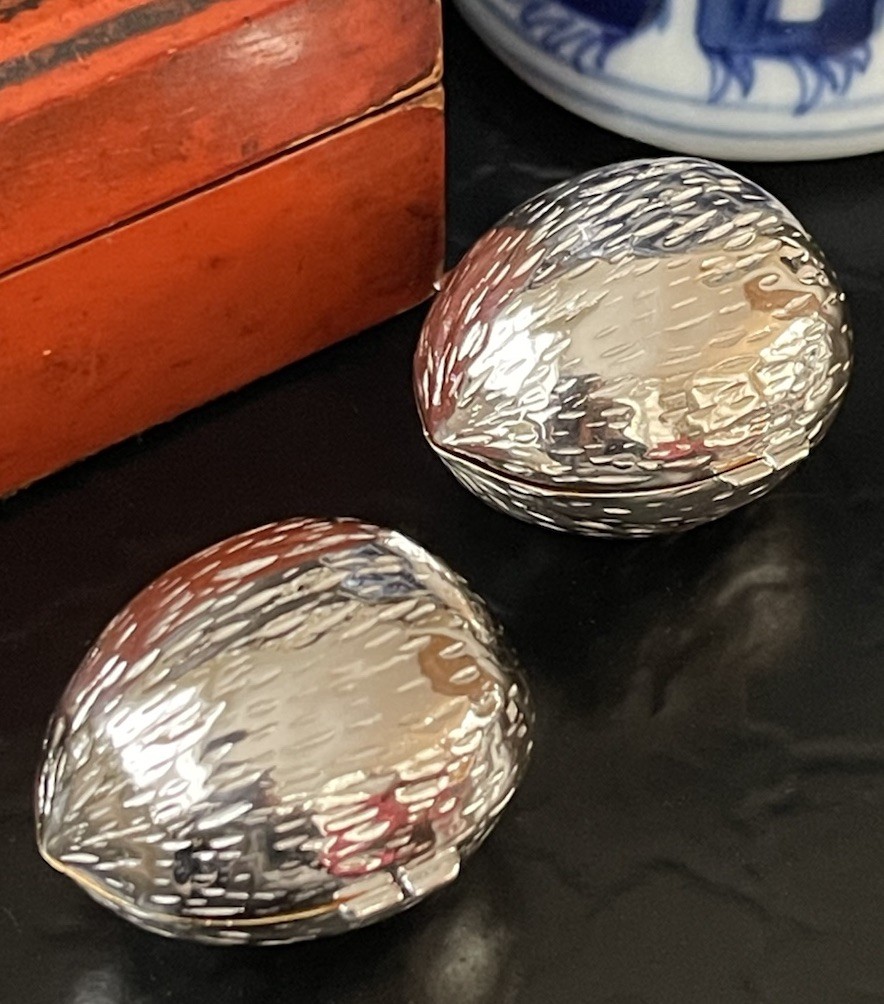 Rare English Sterling Silver Walnut Pecan Vesta Snuff Pill Box Pair 1.5” c2024