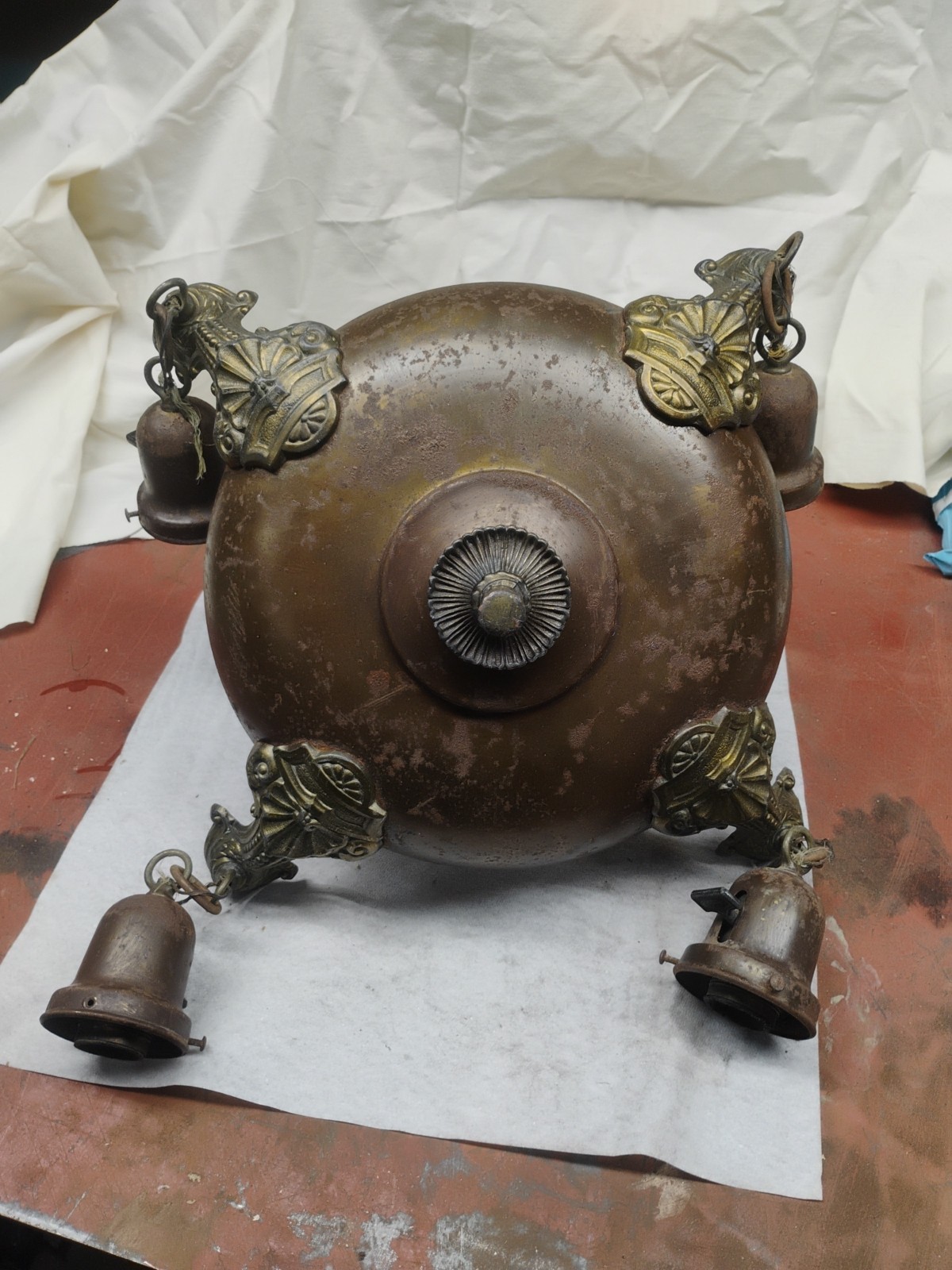 Antique ART DECO CAST IRON BRASS CHANDELIER HANGING LIGHT FIXTURE 4 VTG CEILING