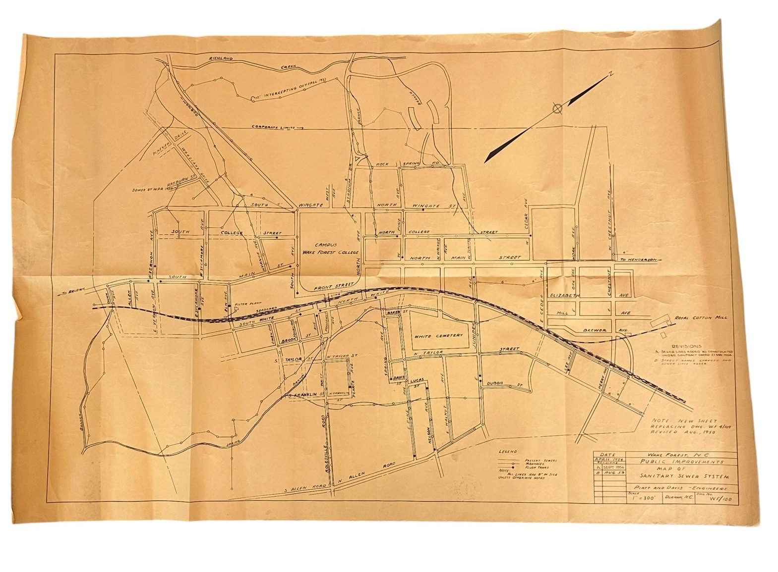 1959 Wake Forest Plat Map Wake County NC VTG College Campus Sewer System