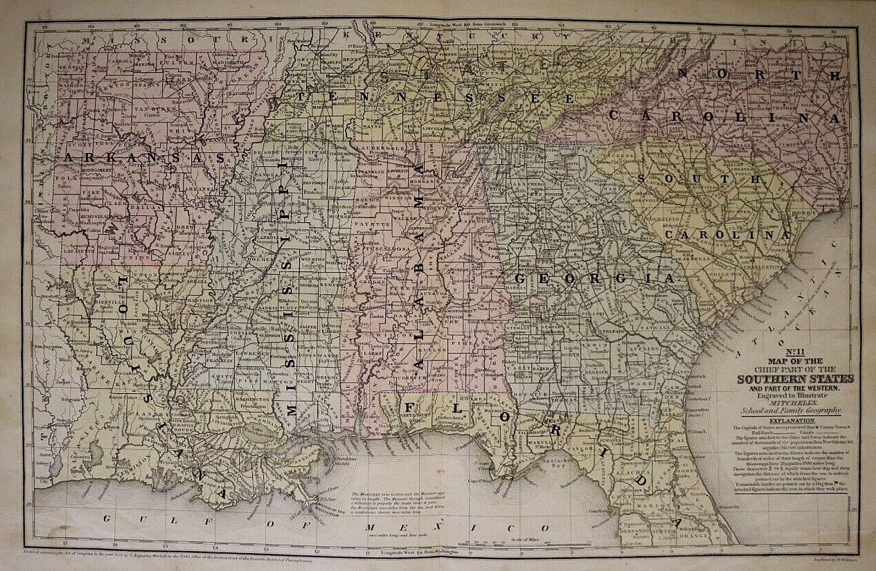1868 Map ~ SOUTHERN ATLANTIC & GULF STATES – FLORIDA, LOUISIANA ~ (11×18)-#7