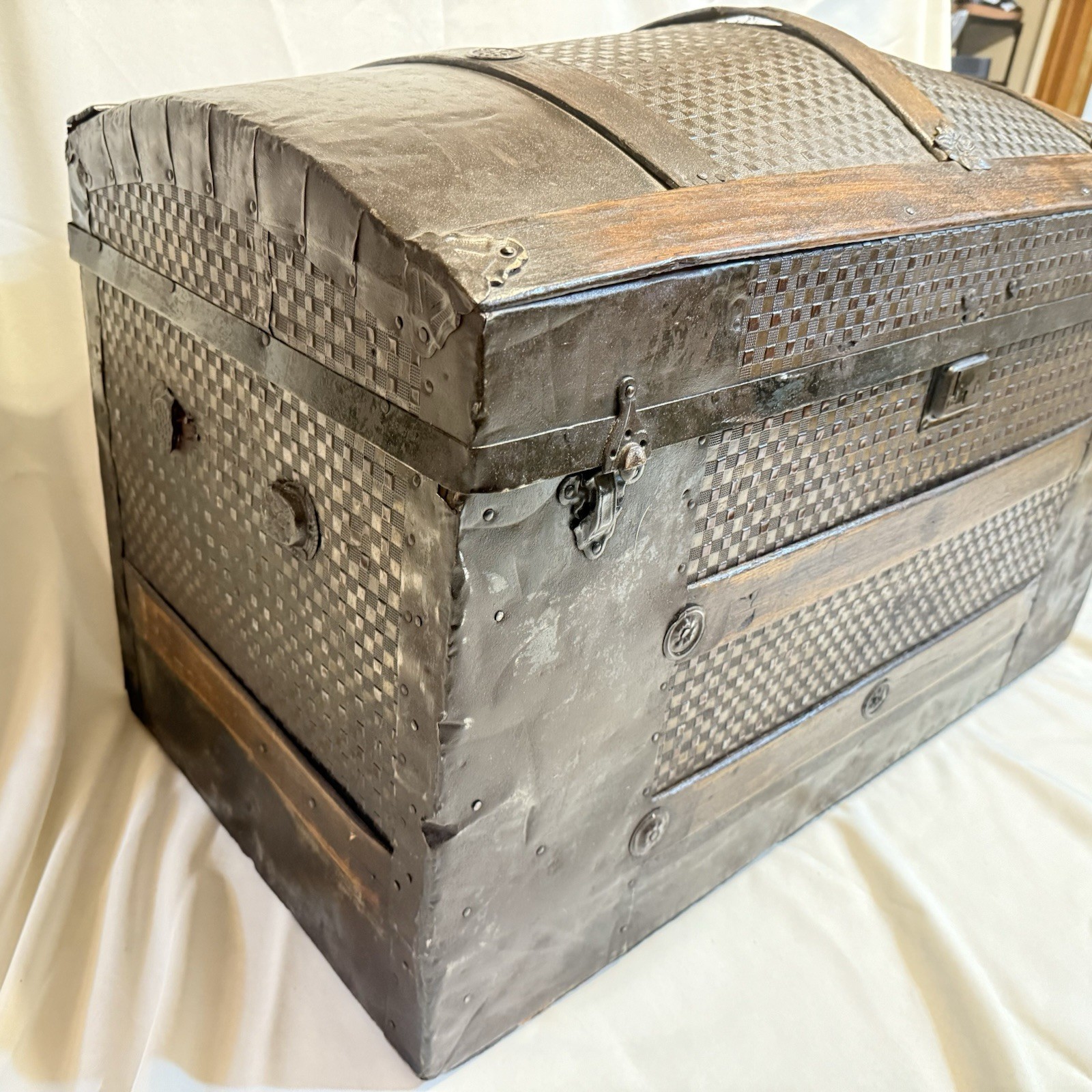 T.O.P. Antique Dome Top Steamer Trunk Tin Clad 1920s