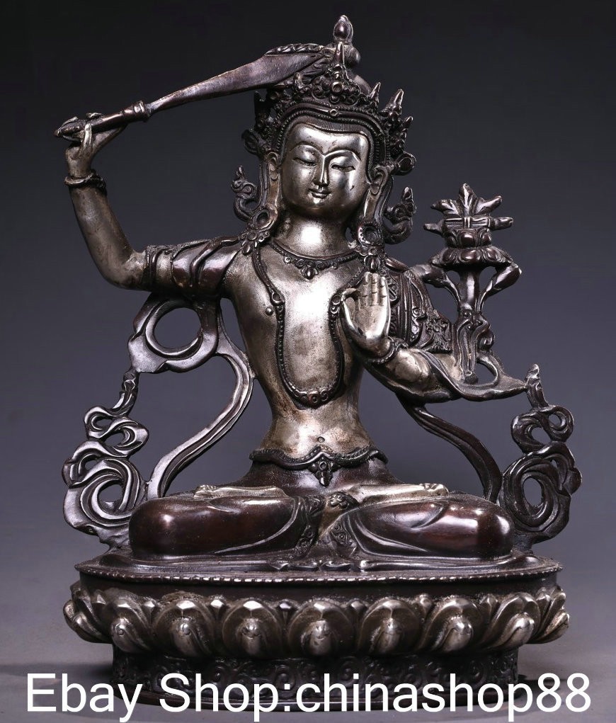 8.6″ Old Tibet Silver Buddhism Wenshu Manjushri Wisdom Sword Goddess Statue
