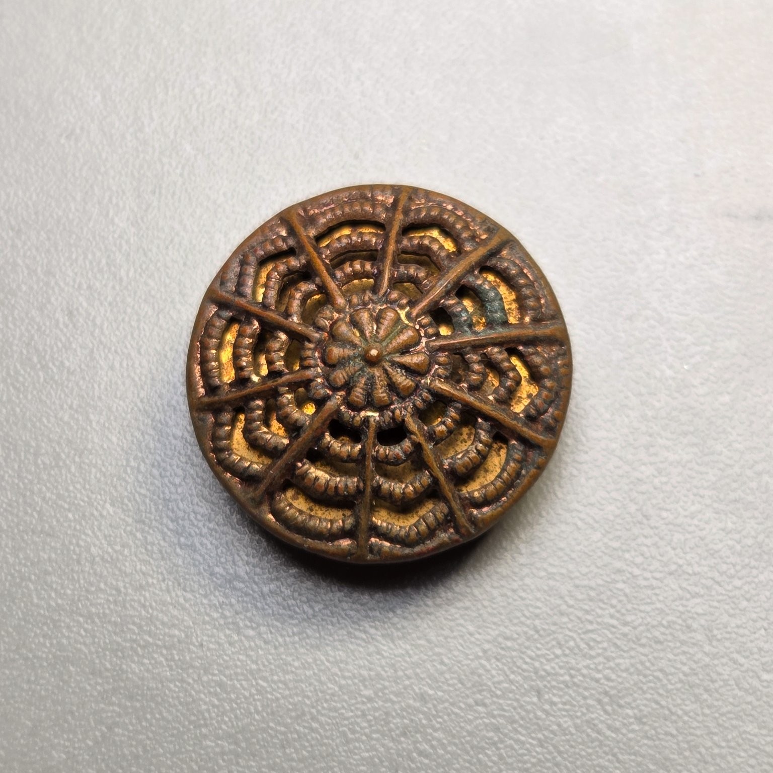 Antique Brass Button Geometric Openwork approx. 11/16 in Self-Shank