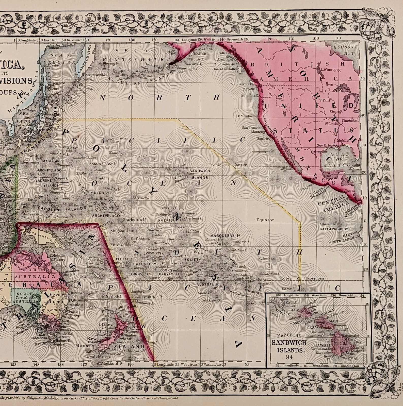 1867 Oceanica – United States – Pacific Ocean Islands Map ORIGINAL Hawaii