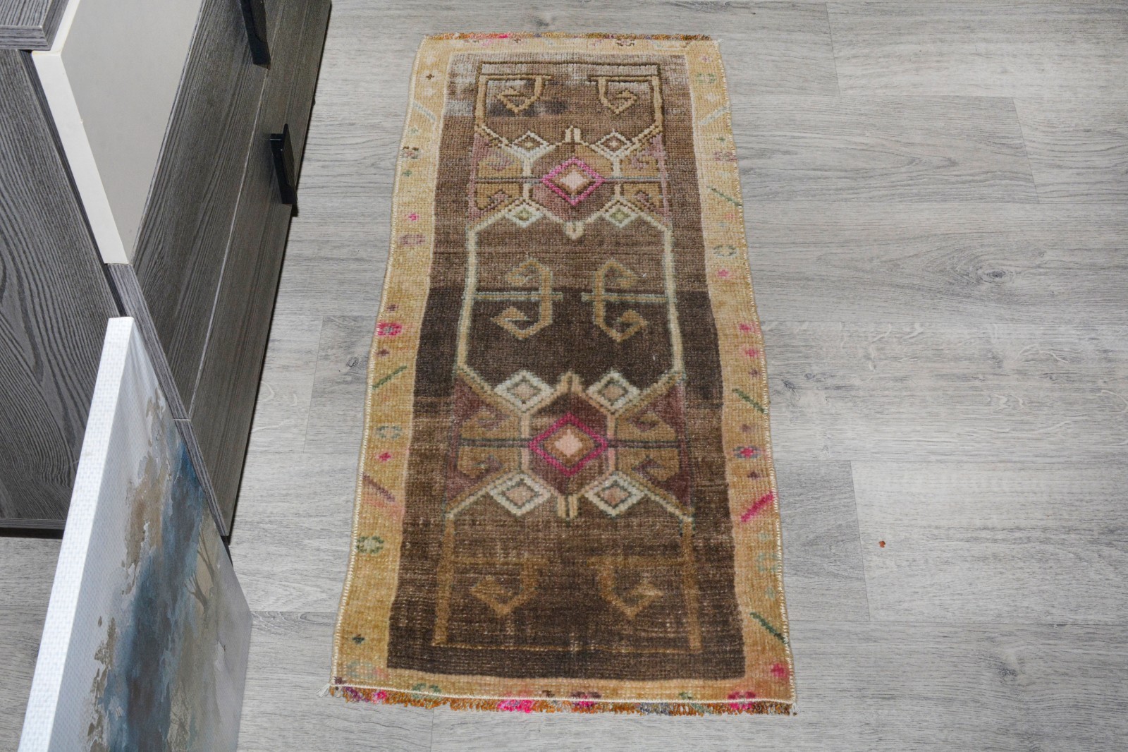 Vintage Turkish Oushak Rug 1’7×3’1 ft, Red Green Geometrical Modern Rug