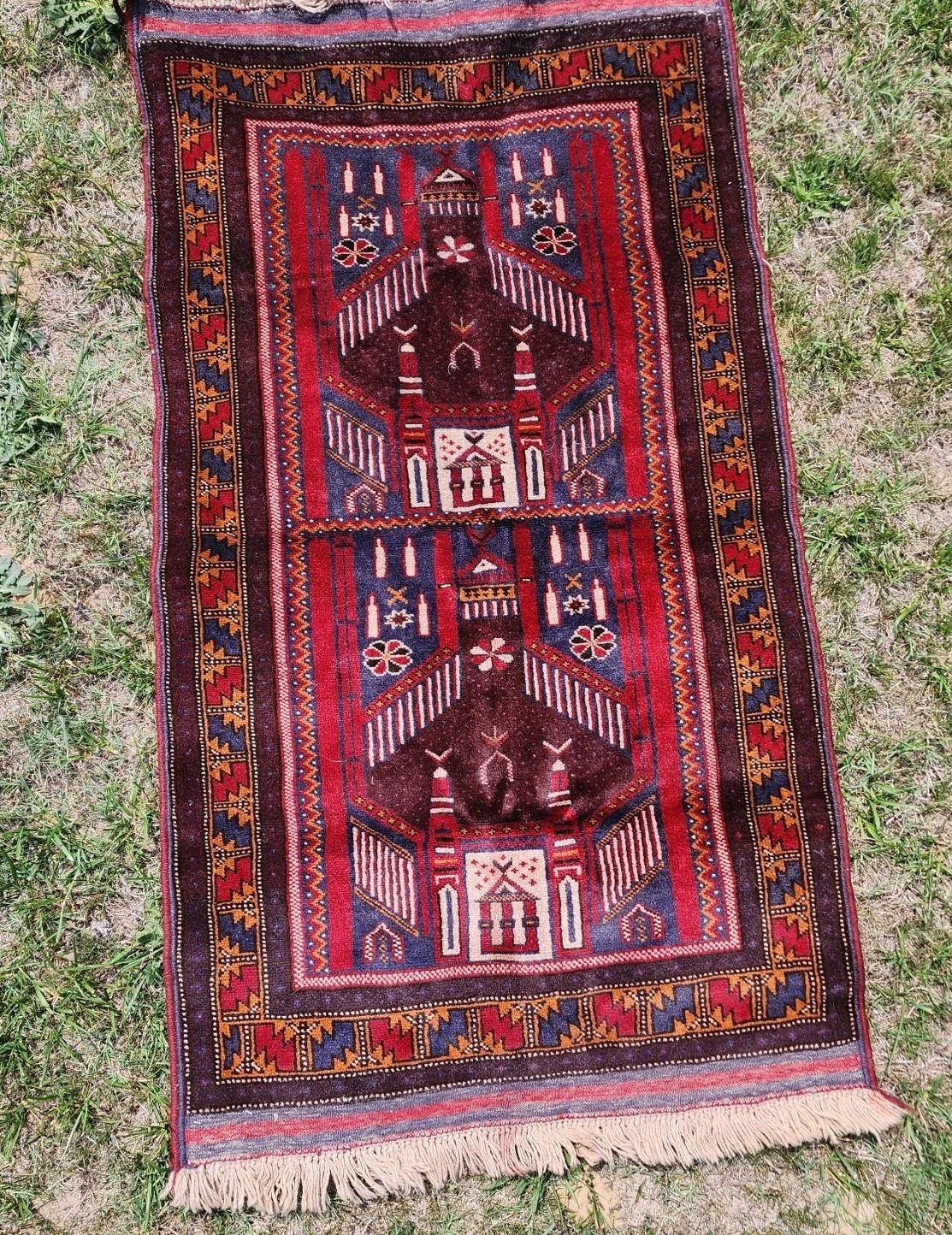 Vintage Hand-Woven Afghan Baluchi Tribal Wool Prayer Rug – 62″ x 35″