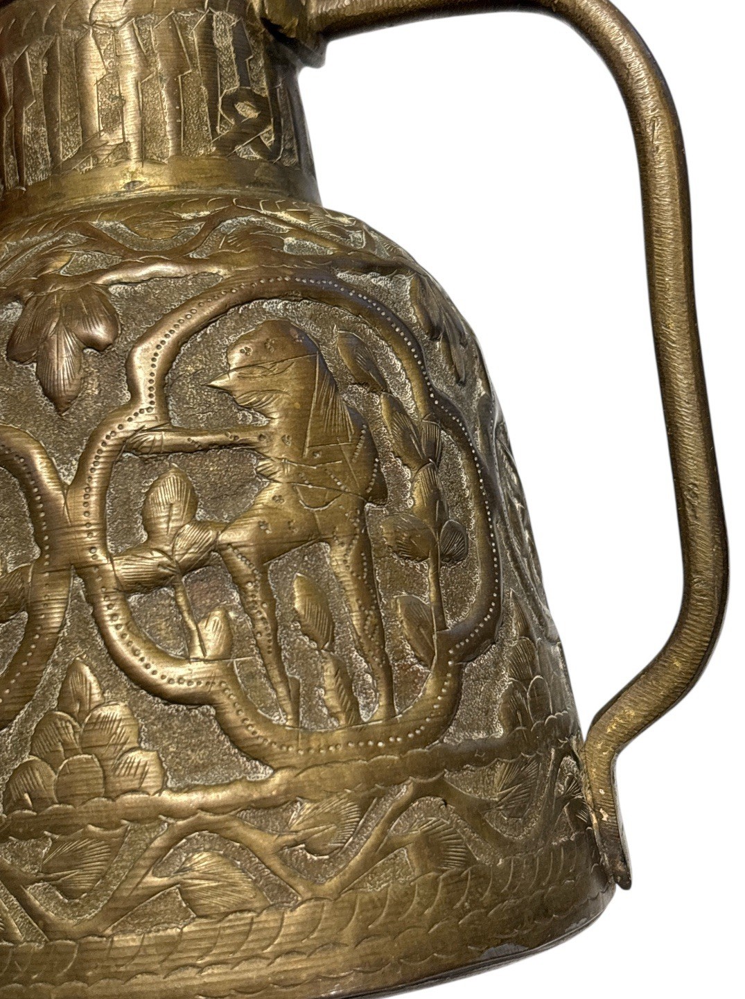 VTG Islamic Damascus Arabic Animals Hunting Hand Hammered Brass Pitcher Vase
