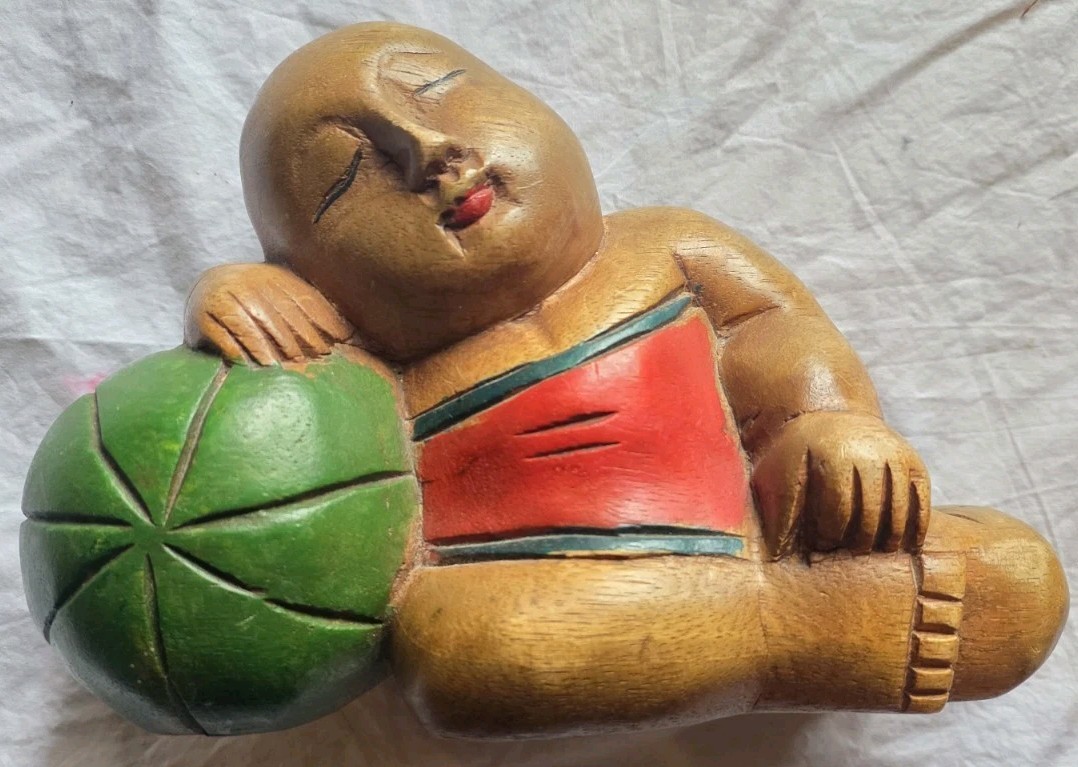 22.5cm VINTAGE WOOD CARVED ASIAN GOOD LUCK CHILD BOY/BUDDHA ON MELON. THAI (403