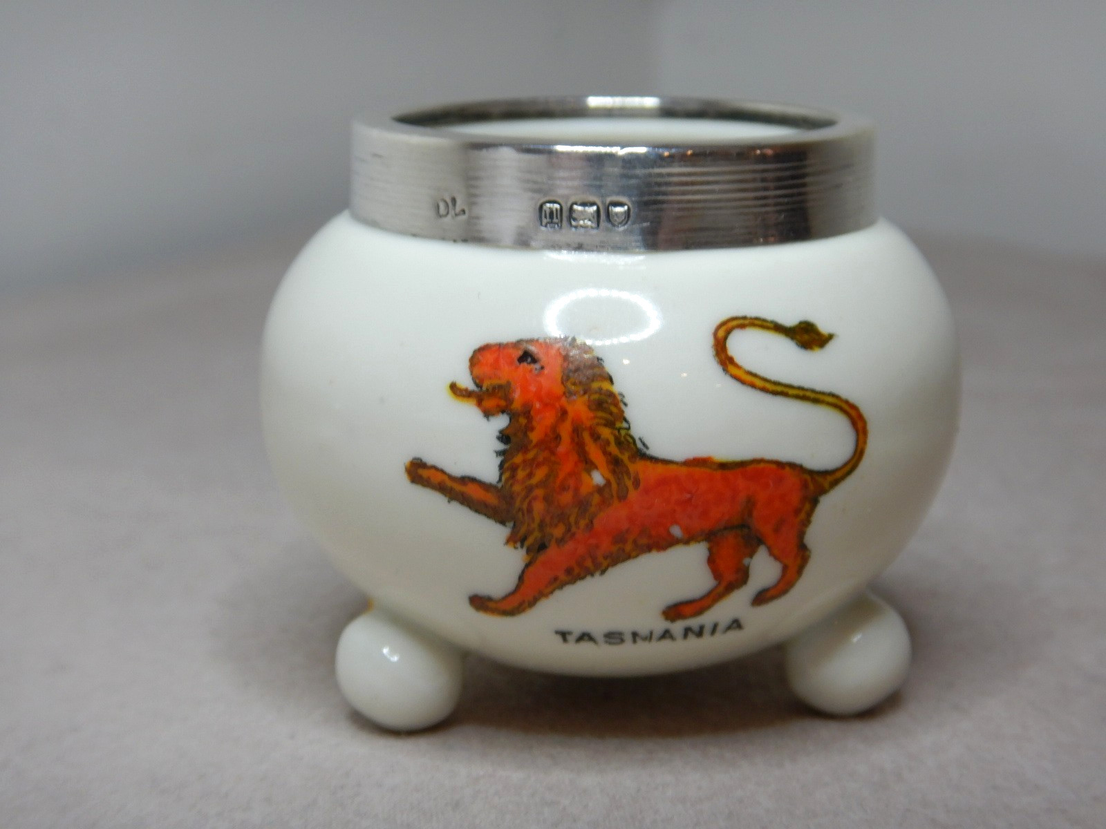 ANTIQUE ENGLISH 1908 STERLING SILVER RIM PORCELAIN SALT MUSTARD CONDIMENT POT