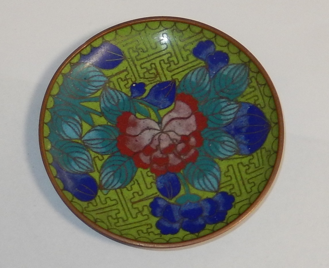 GREEN CLOISONNE ENAMEL 3″3/4 IN DIAMETER PLATE