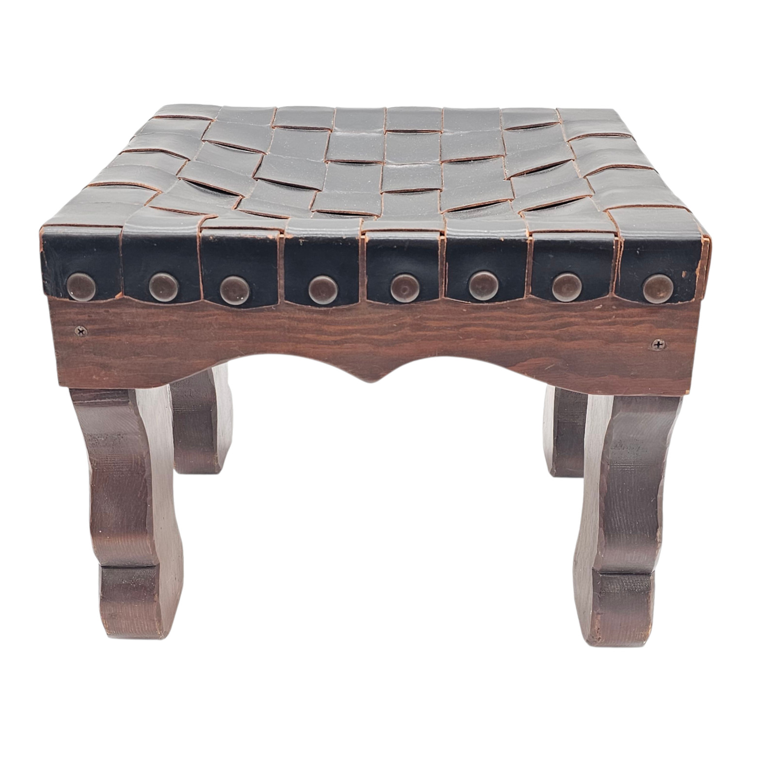 Spanish Colonial Revival Woven Leather Strap Stool Rustic Low Seat Nailheads 16″