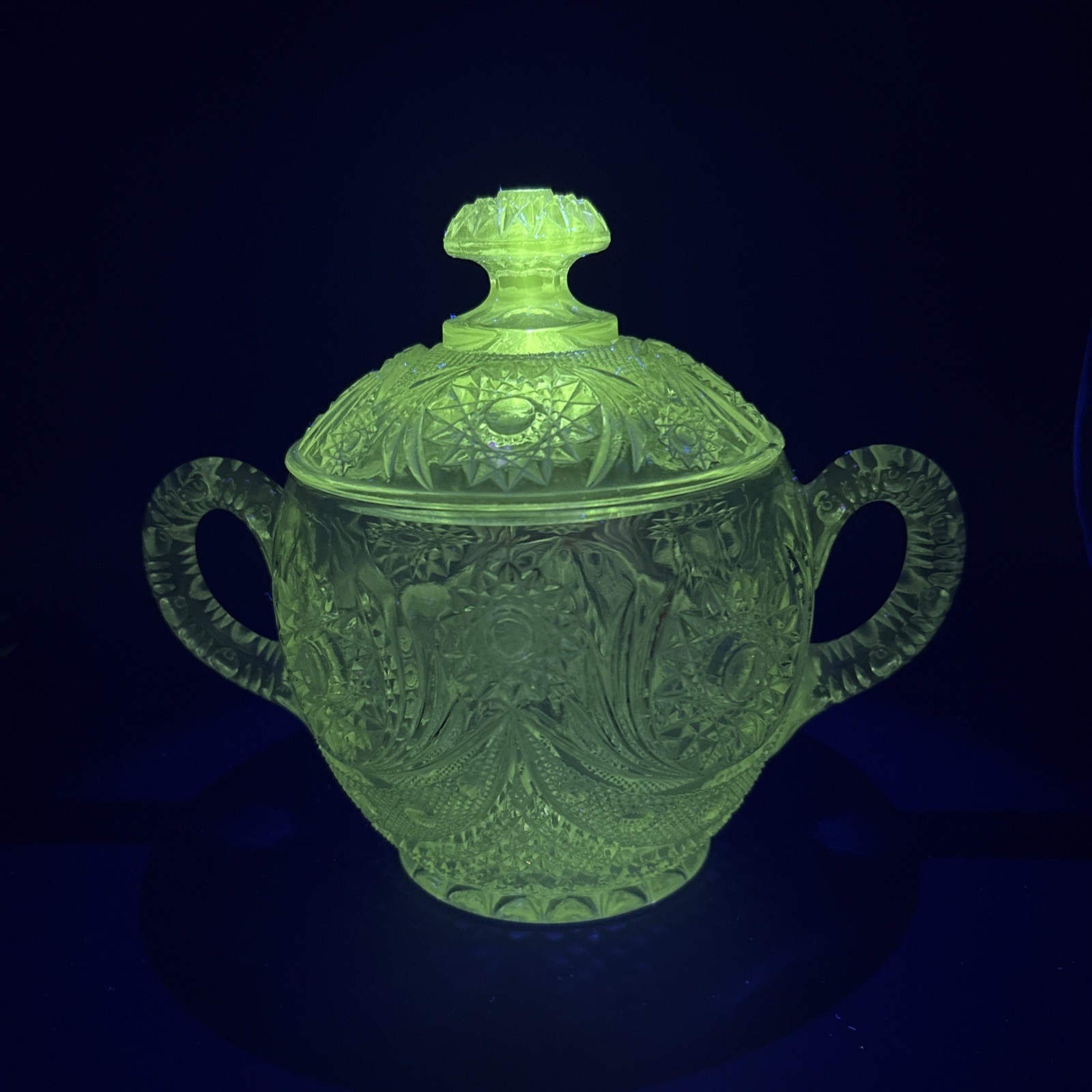 Antique Uranium Glass Lidded Sugar Bowl McKee Quintec Hobstar Feather Glow EAPG