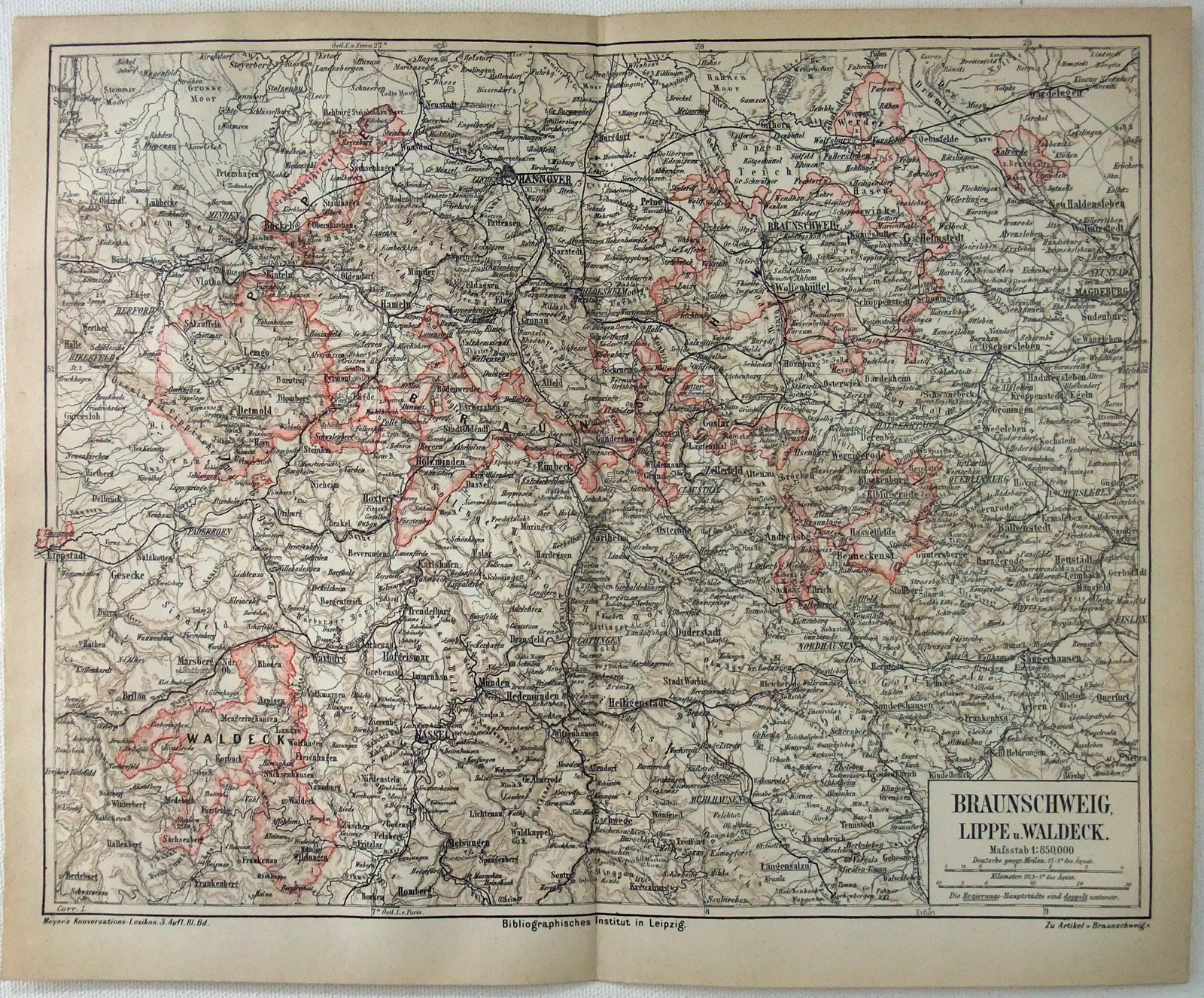 Braunschweig, Lippe & Waldek, Germany – Original 1874 Map by Meyers. Antique