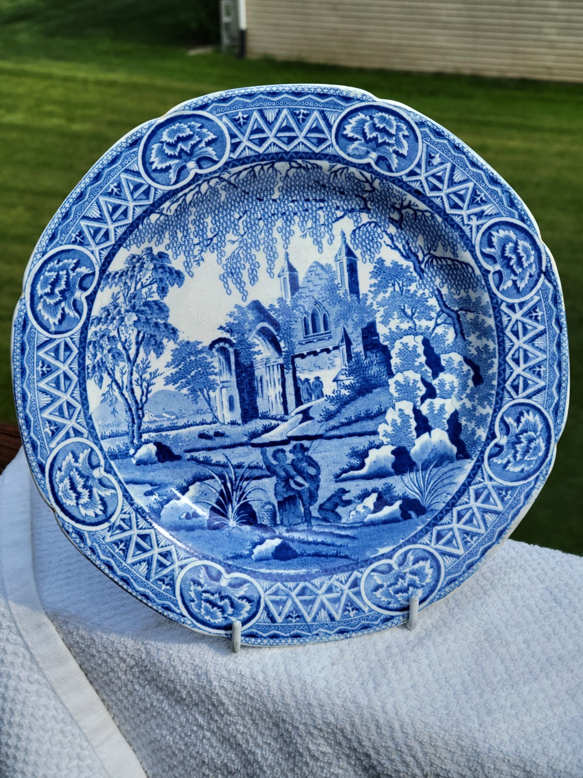 Antique Early 1800 Davenport Gothic Ruin Blue White Staffordshire Transfer Plate
