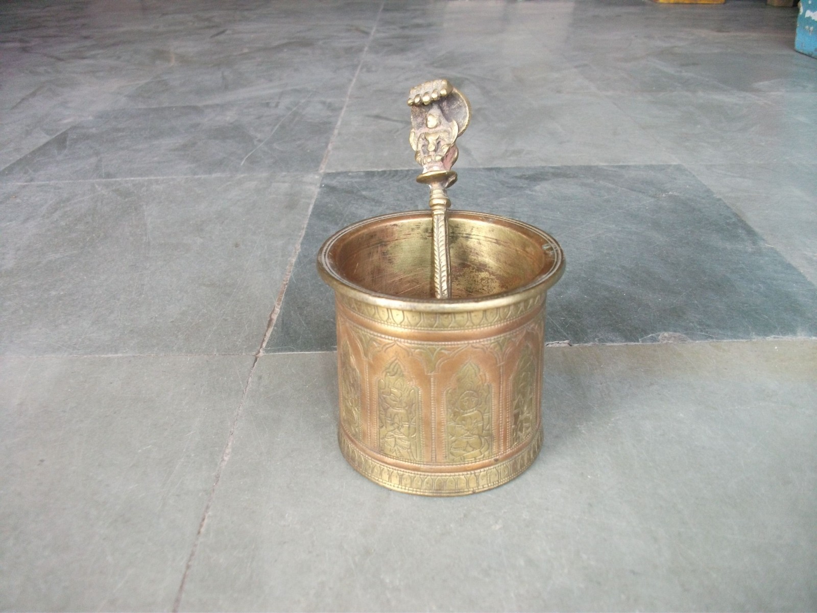 Vintage Handcrafted Floral Inlay Engraved Brass & Copper Holy Water Pot